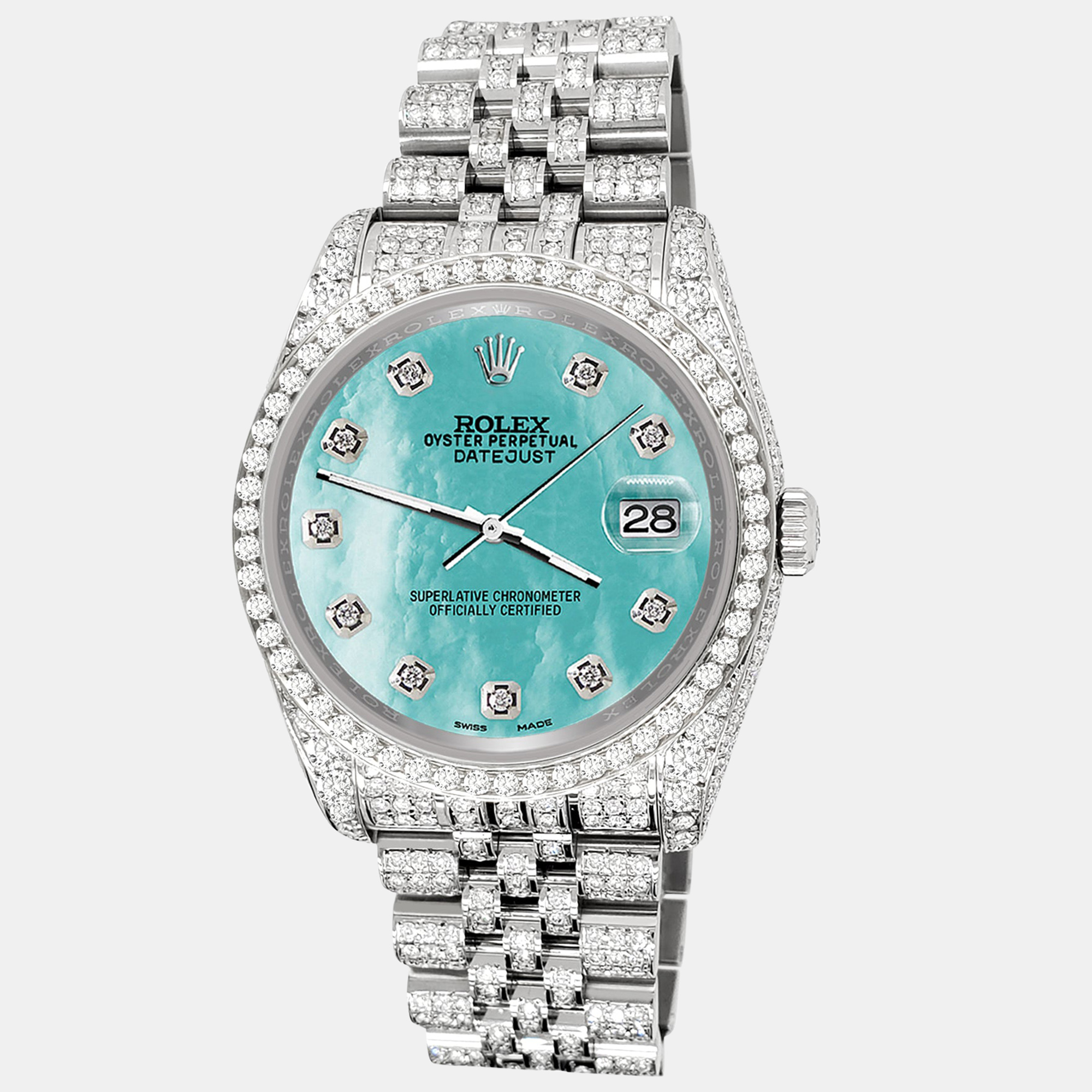 

Rolex datejust  pave 10.2ct iced diamond aquamarine mop jubilee Wristwatch 116200, Blue