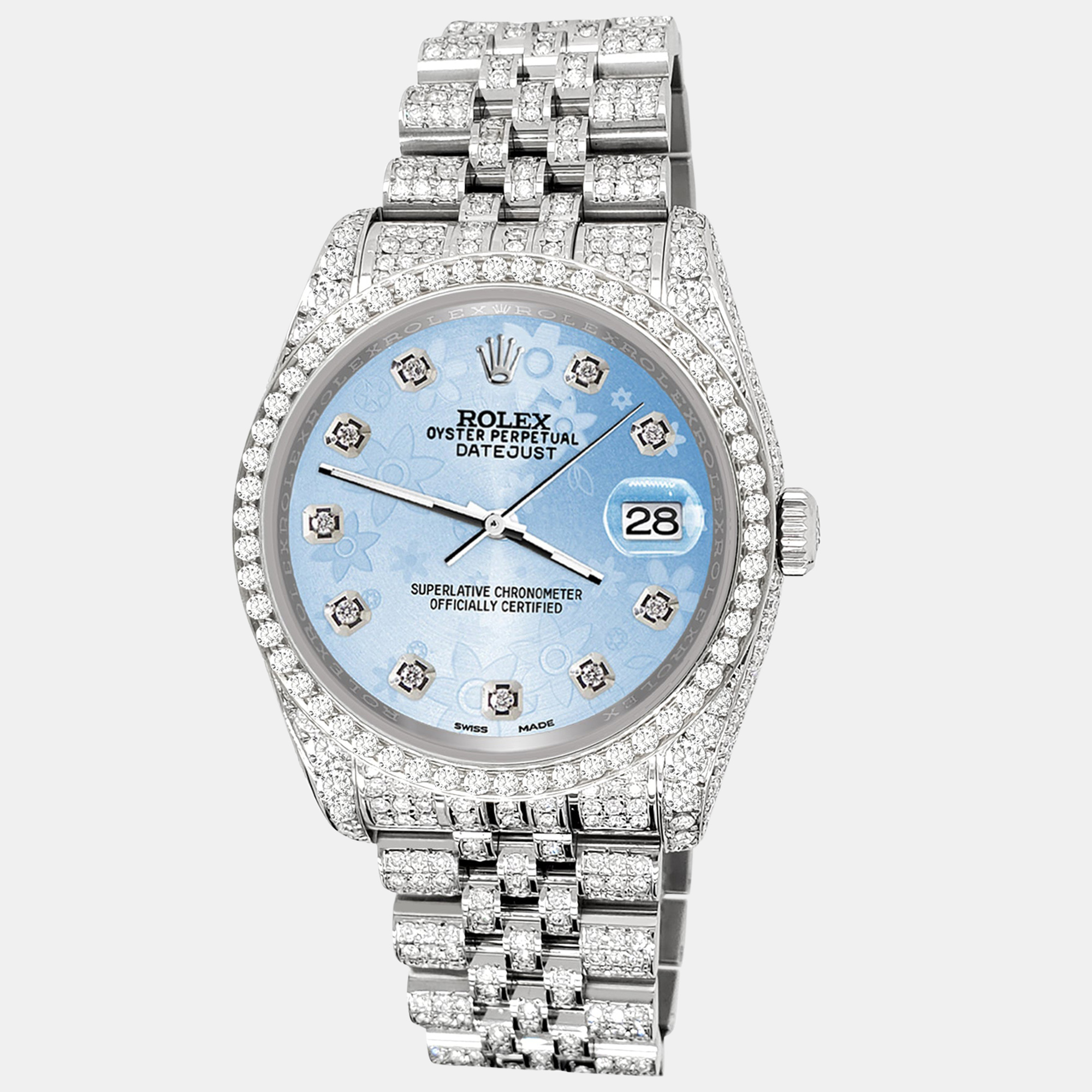 

Rolex Custom Blue Flower 10.2ct Diamonds Stainless Steel Datejust 116200 Automatic Men's Wristwatch