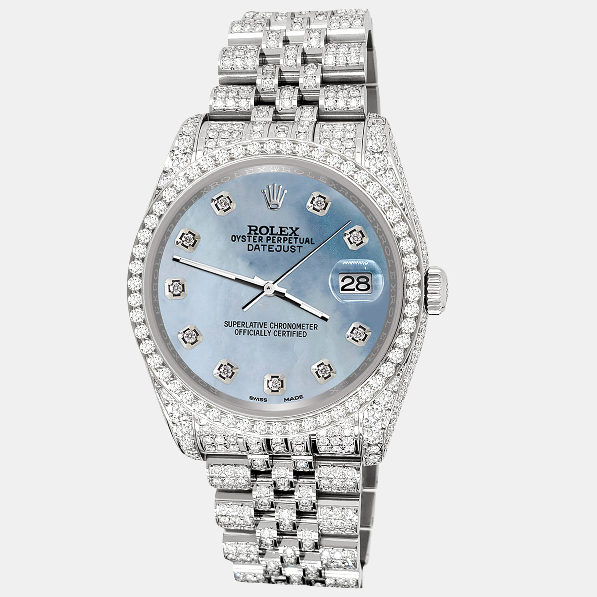 

Rolex datejust  pave 10.2ct iced diamond sky blue mop jubilee Wristwatch 116200