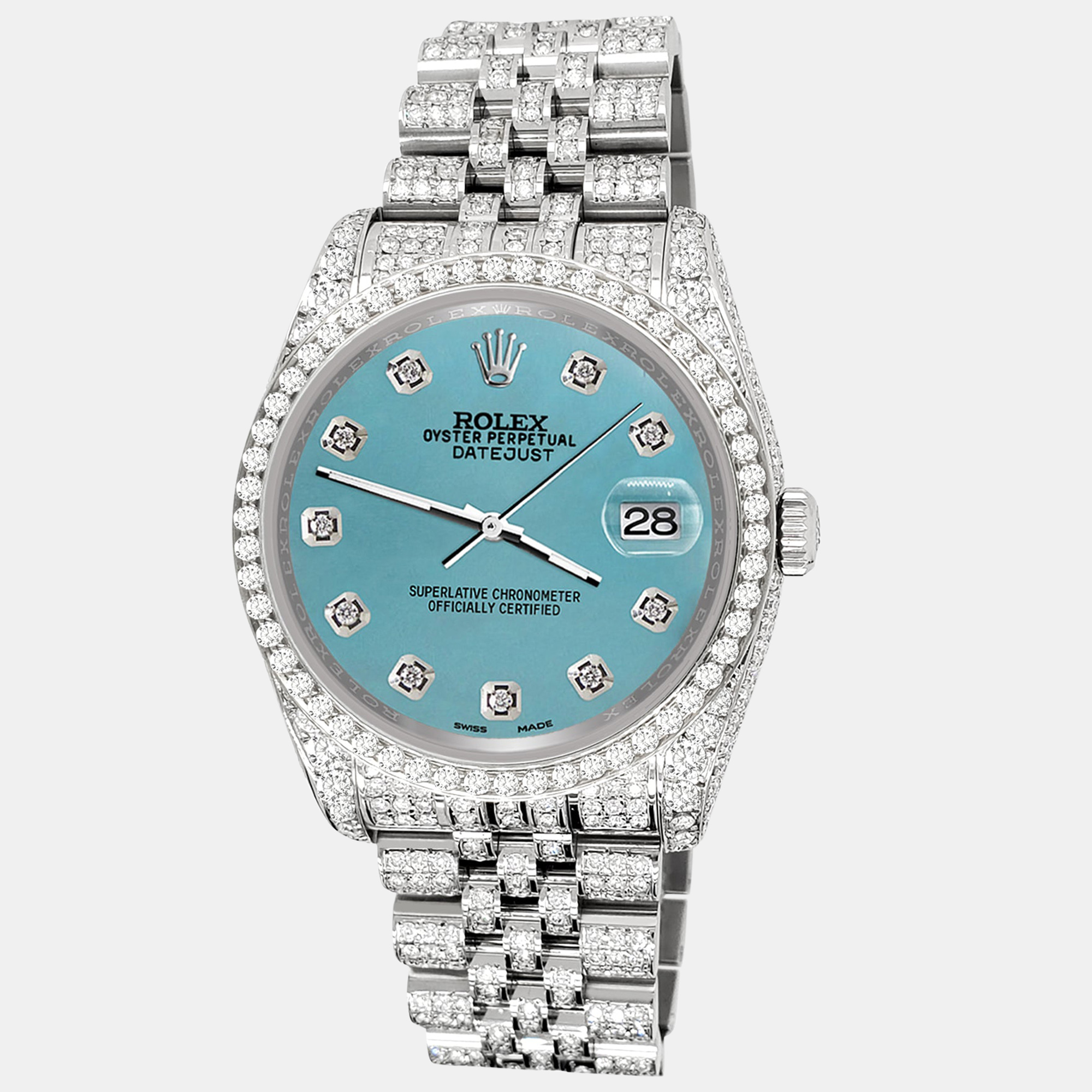 

Rolex datejust  pave 10.2ct iced diamond turquoise jubilee Wristwatch 116200, Blue