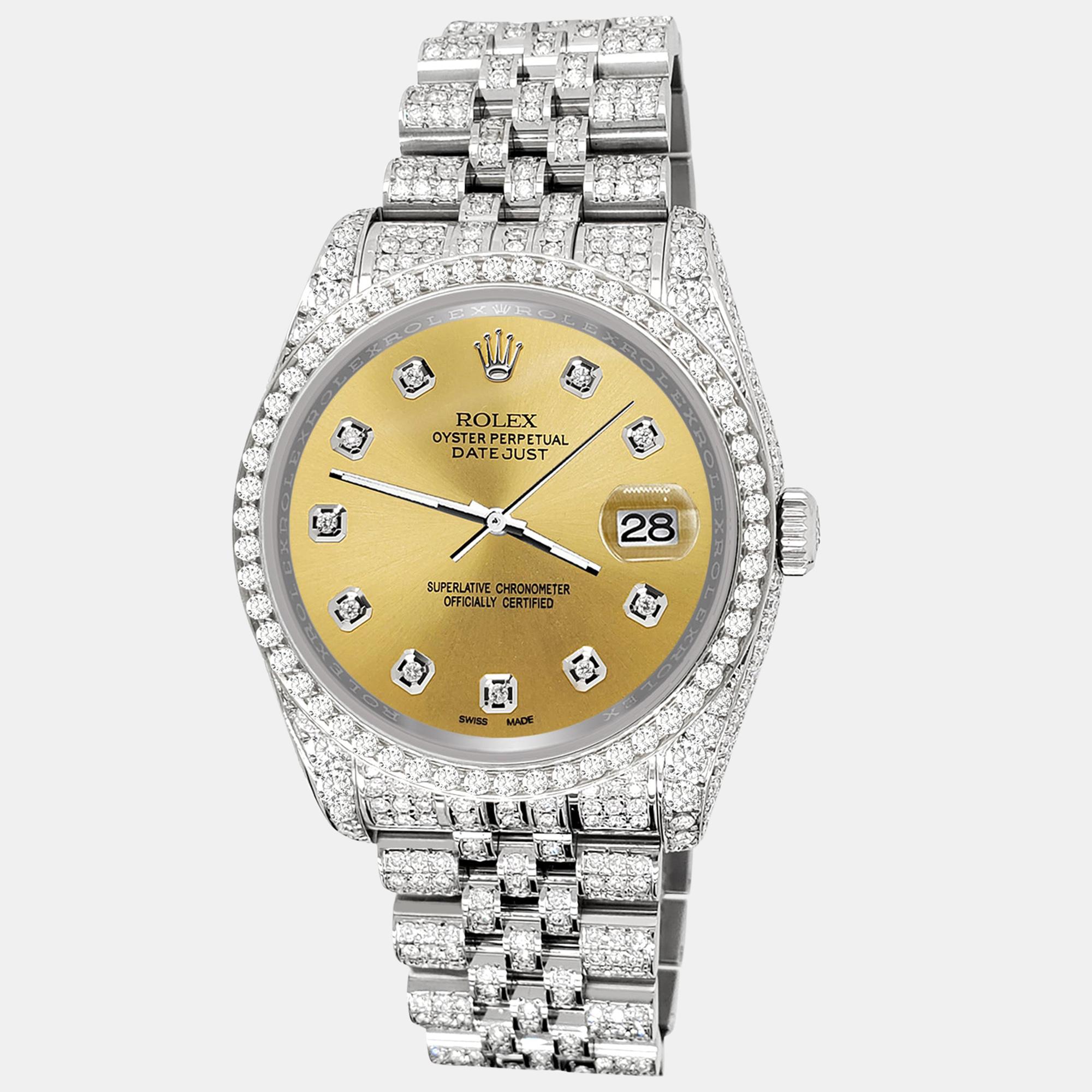 

Rolex datejust  pave 10.2ct iced diamond champagne jubilee Wristwatch 116200, Gold