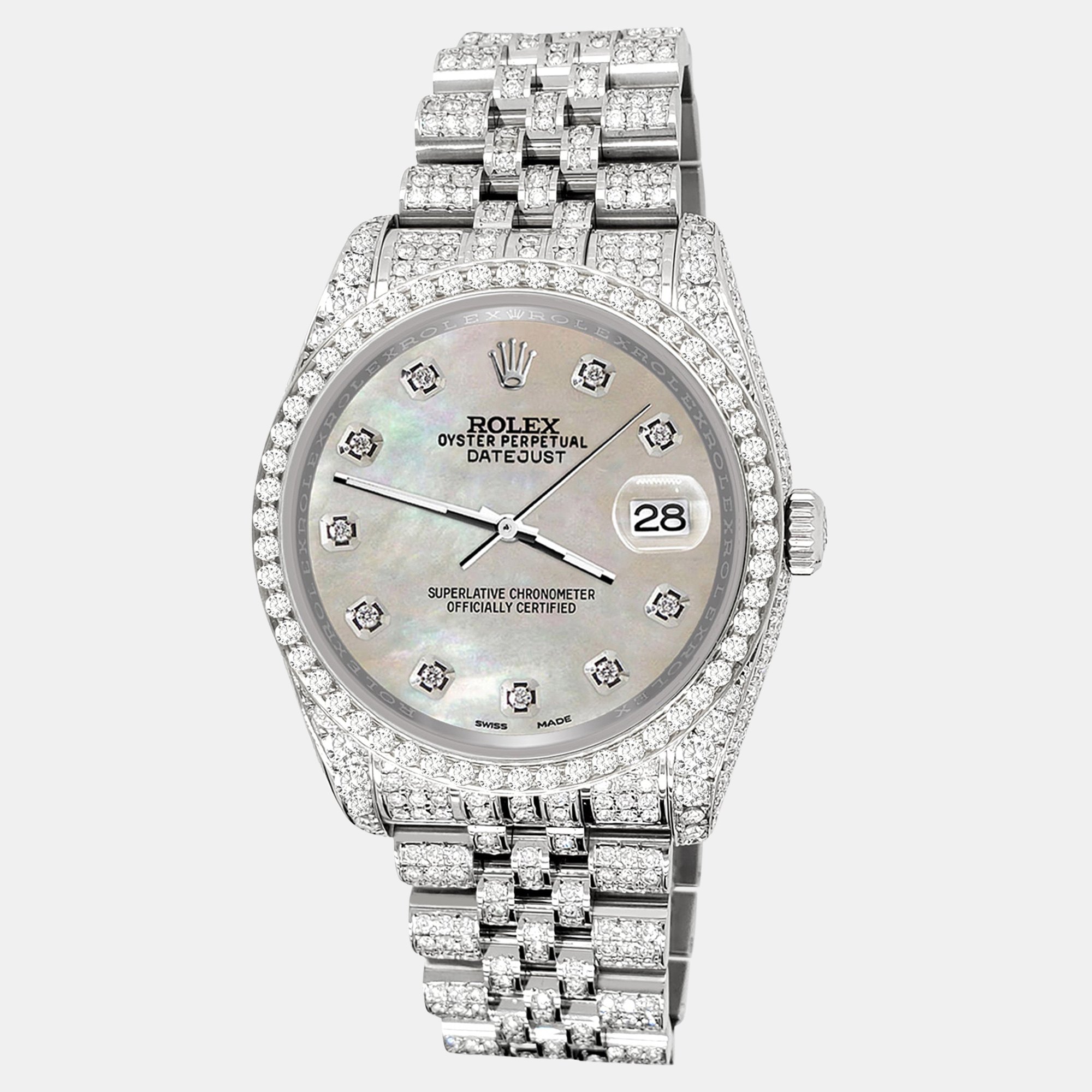 

Rolex datejust  pave 10.2ct iced diamond champagne mop jubilee Wristwatch 116200, White