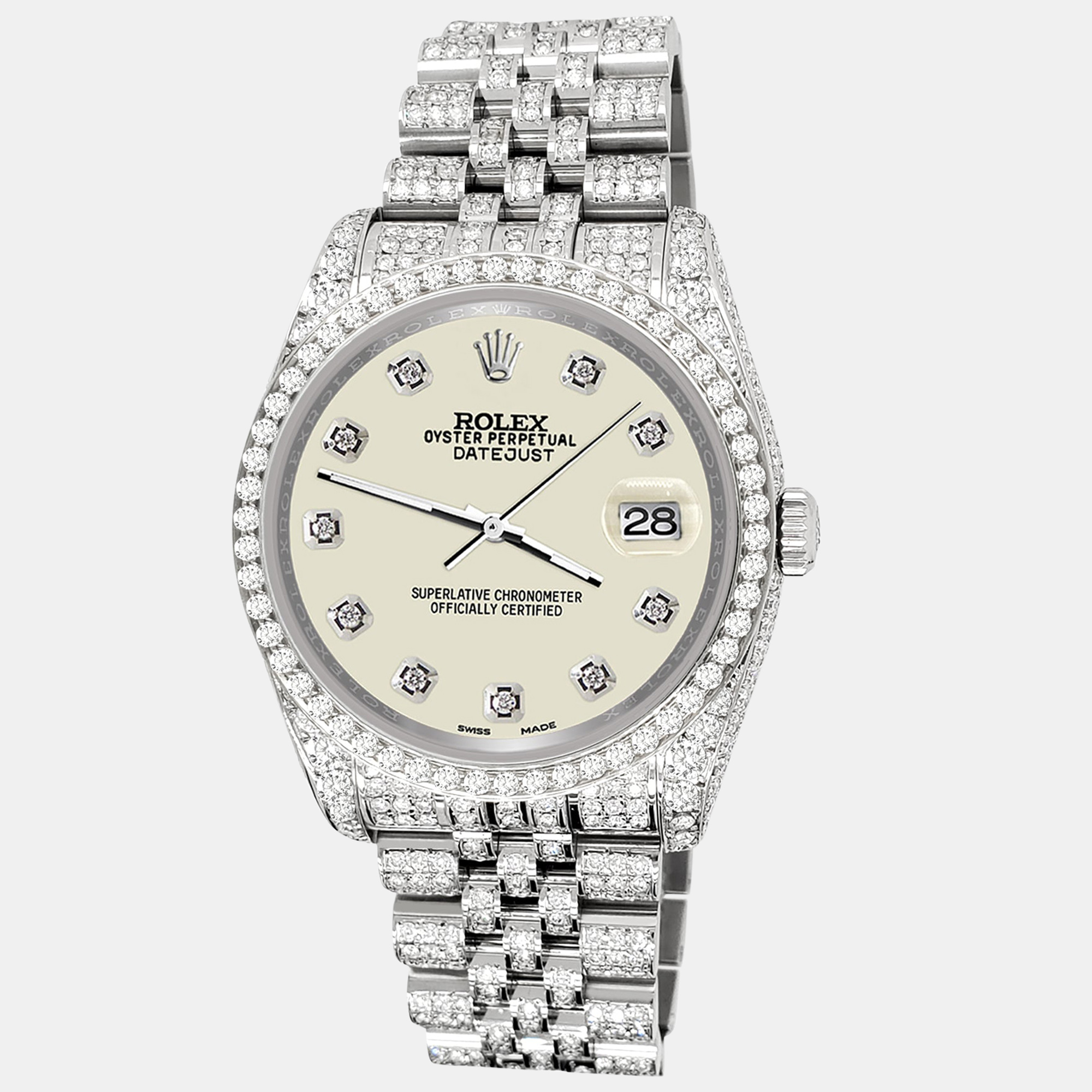 

Rolex datejust  pave 10.2ct iced diamond satin linen jubilee Wristwatch 116200, Beige