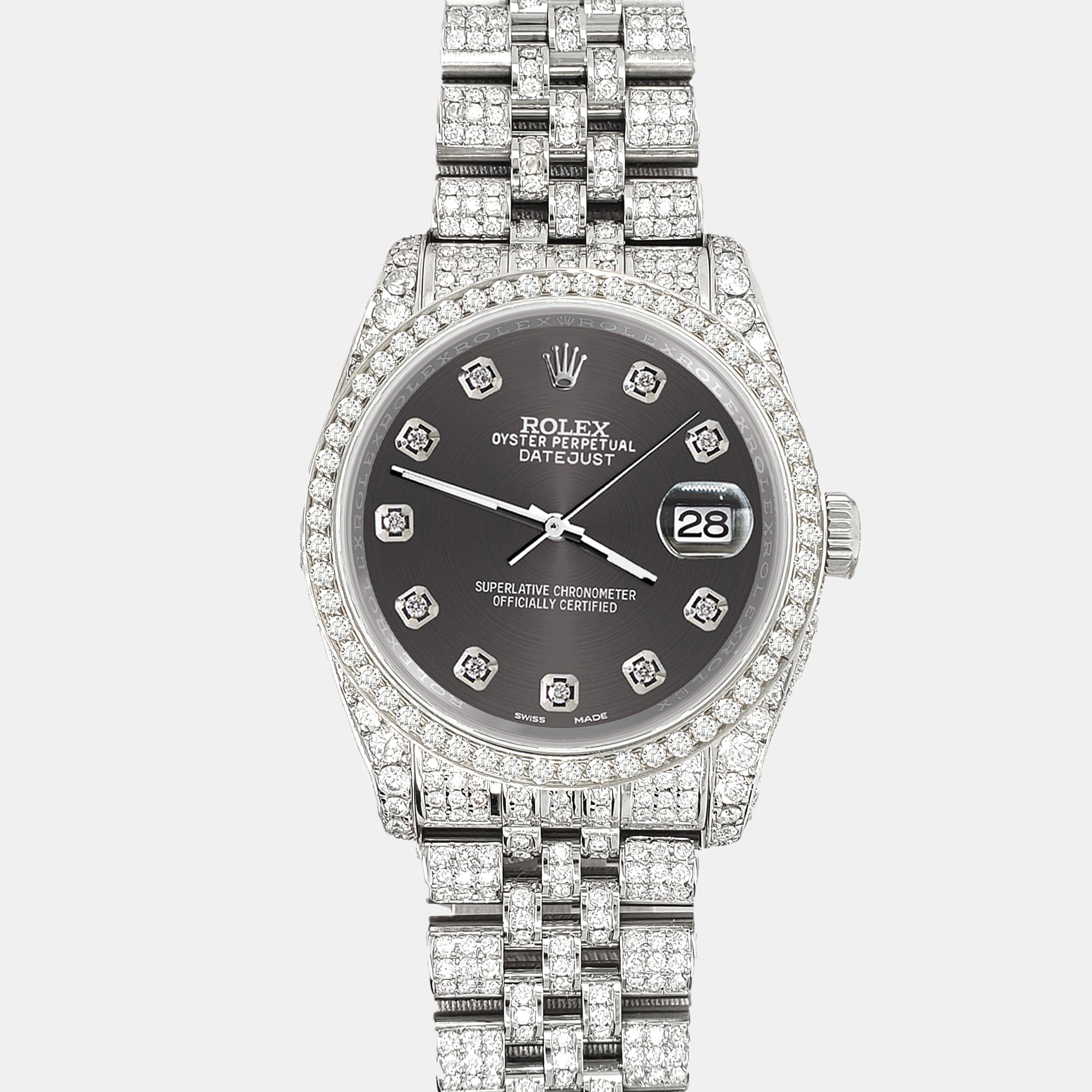 

Rolex datejust  pave 10.2ct iced diamond rhodium gray jubilee Wristwatch 116200, Grey