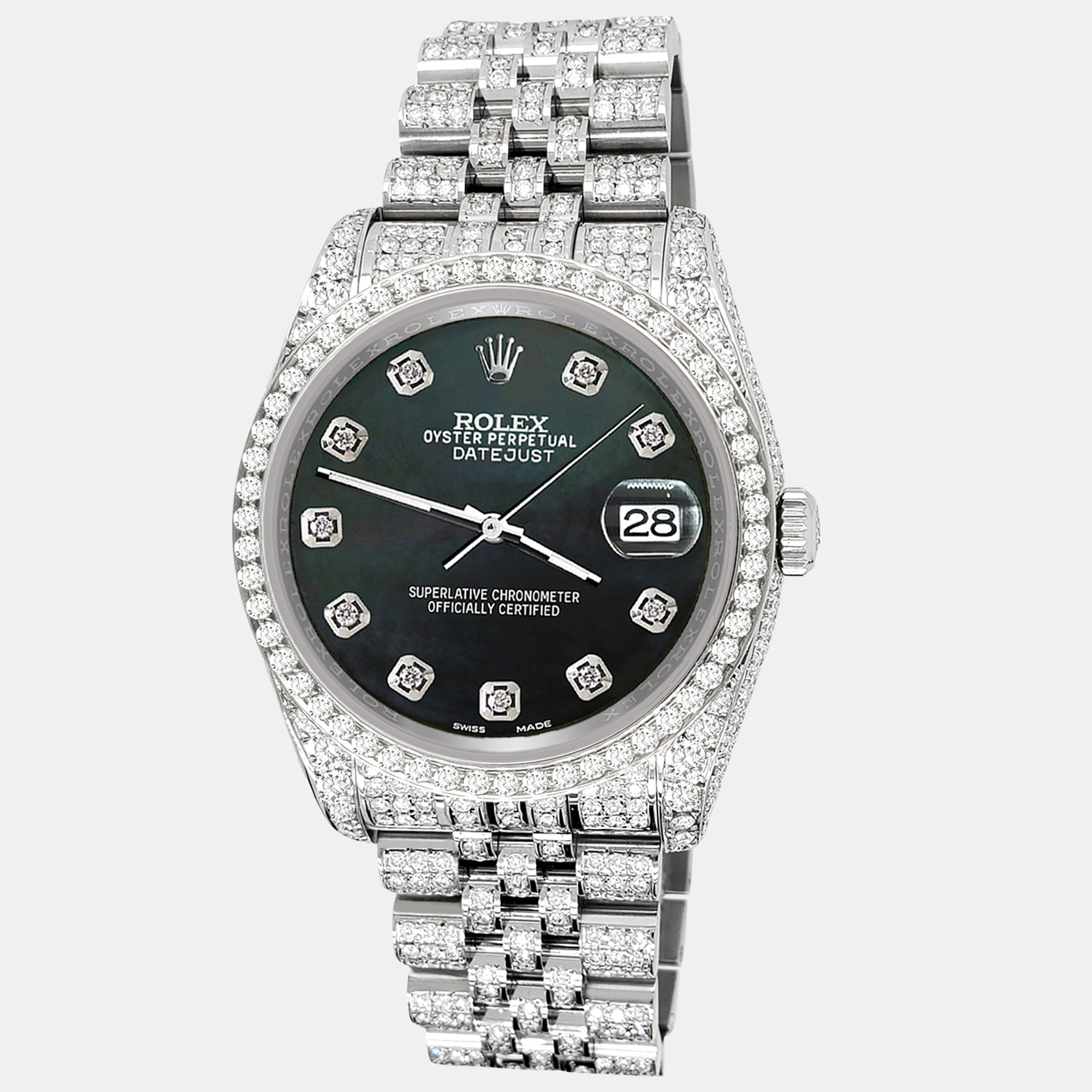 

Rolex datejust  pave 10.2ct iced diamond black mop jubilee Wristwatch 116200