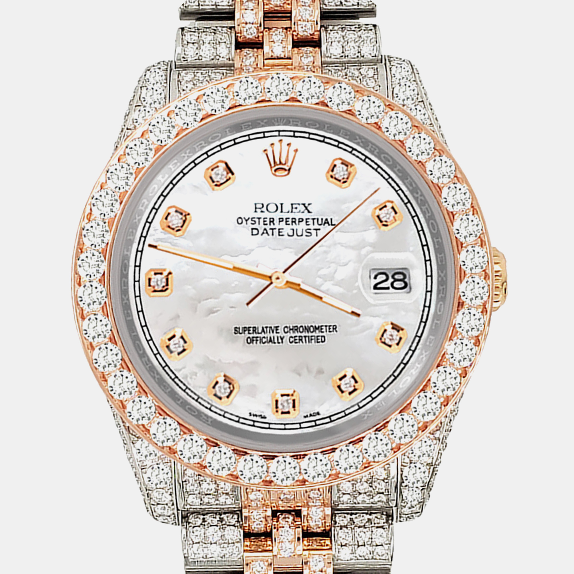 

Rolex datejust  10.75ct pave diamond white mop track rose gold steel jubilee Wristwatch 116231