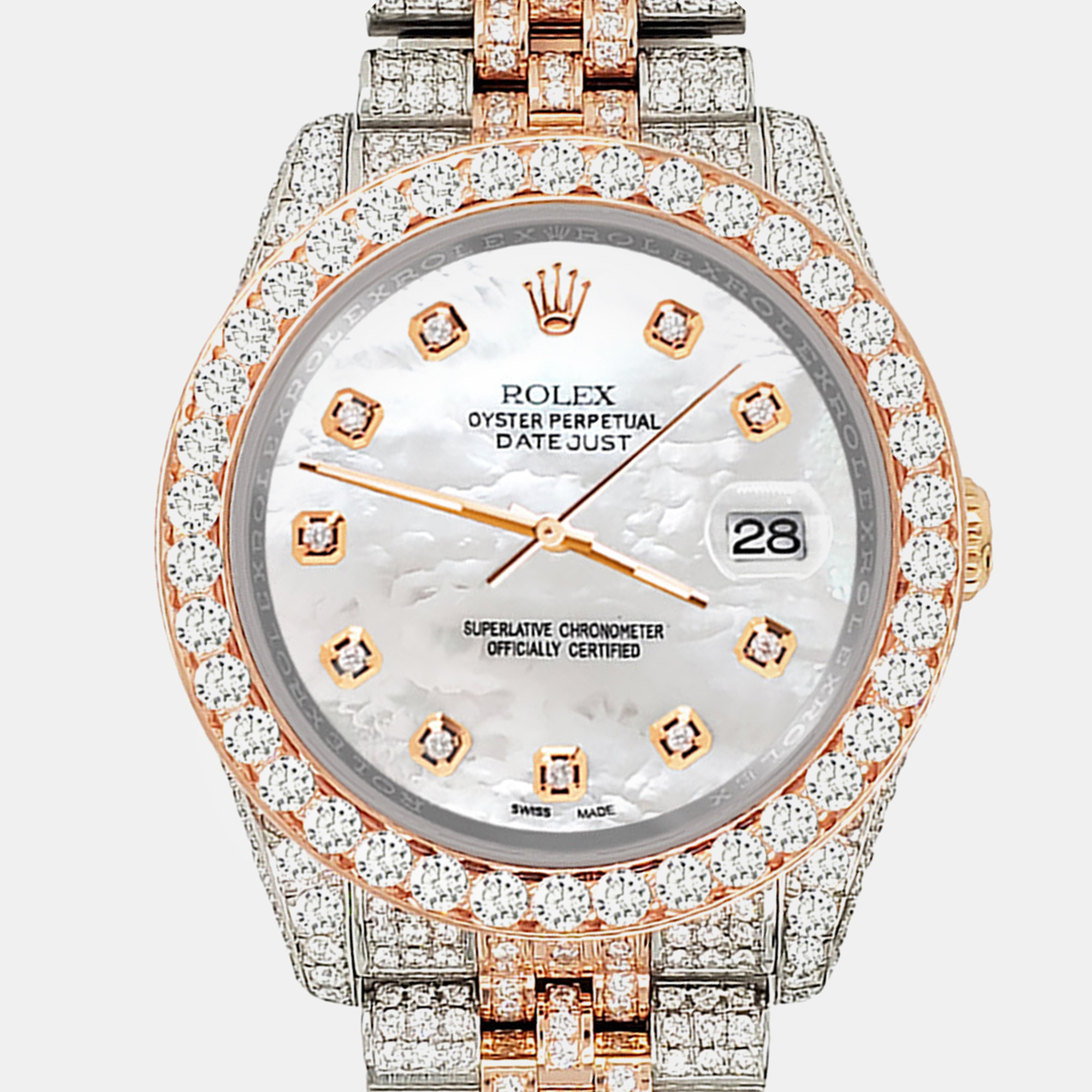 

Rolex datejust  10.75ct pave diamond white mop rose gold steel jubilee Wristwatch 116231