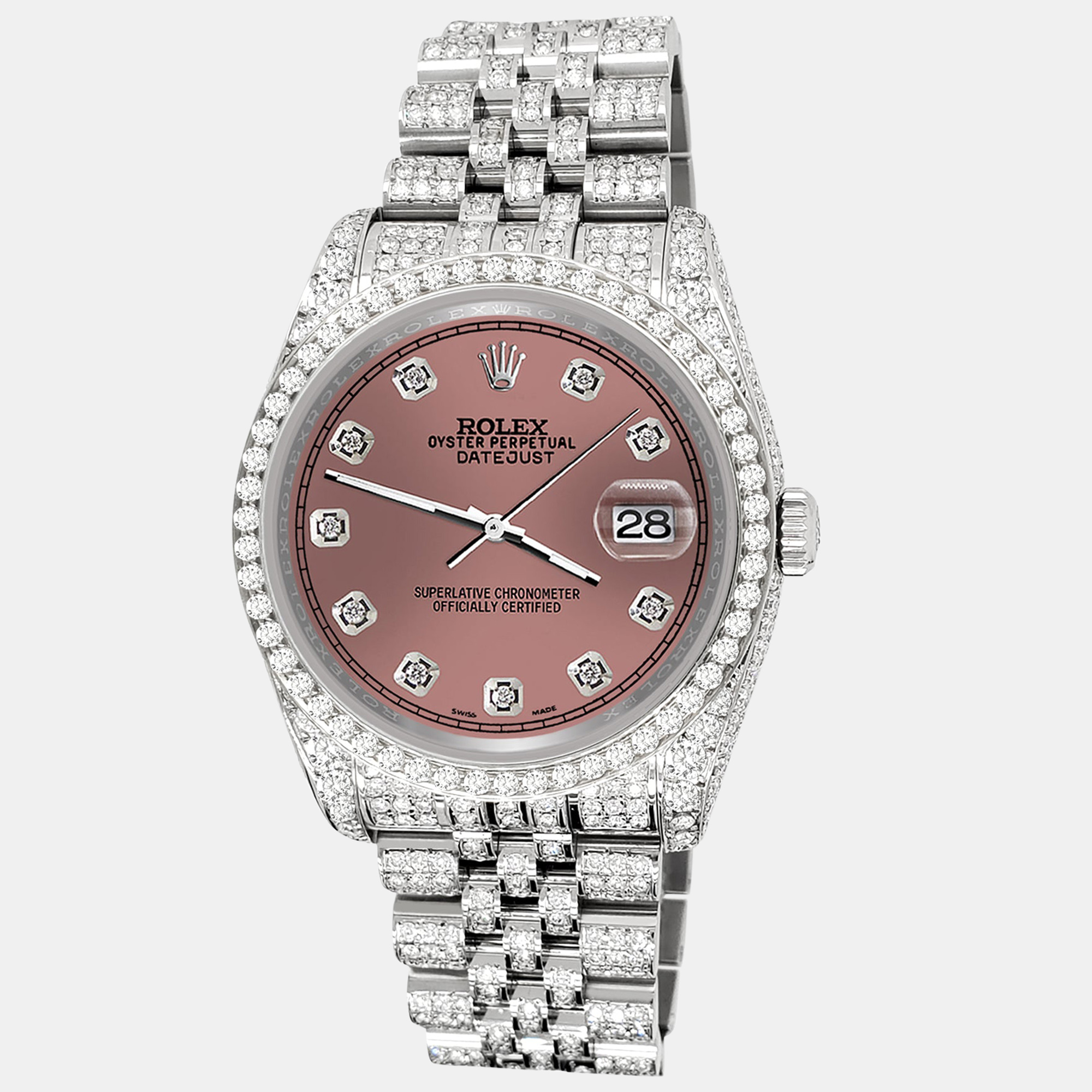 

Rolex datejust  pave 10.2ct iced diamond salmon track jubilee Wristwatch 116200, Pink