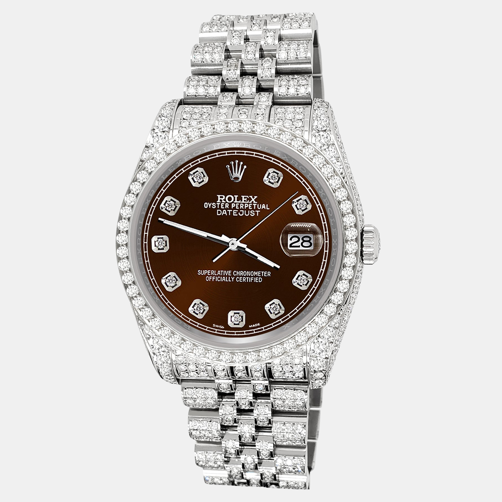 

Rolex datejust  pave 10.2ct iced diamond chocolate track jubilee Wristwatch 116200, Brown