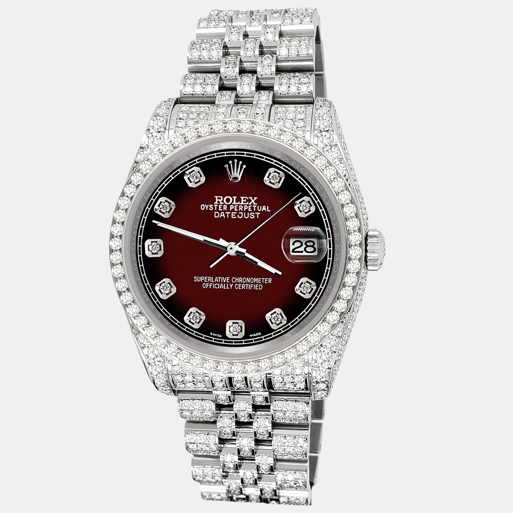 

Rolex datejust  pave 10.2ct iced diamond maroon vignette track jubilee Wristwatch 116200, Brown