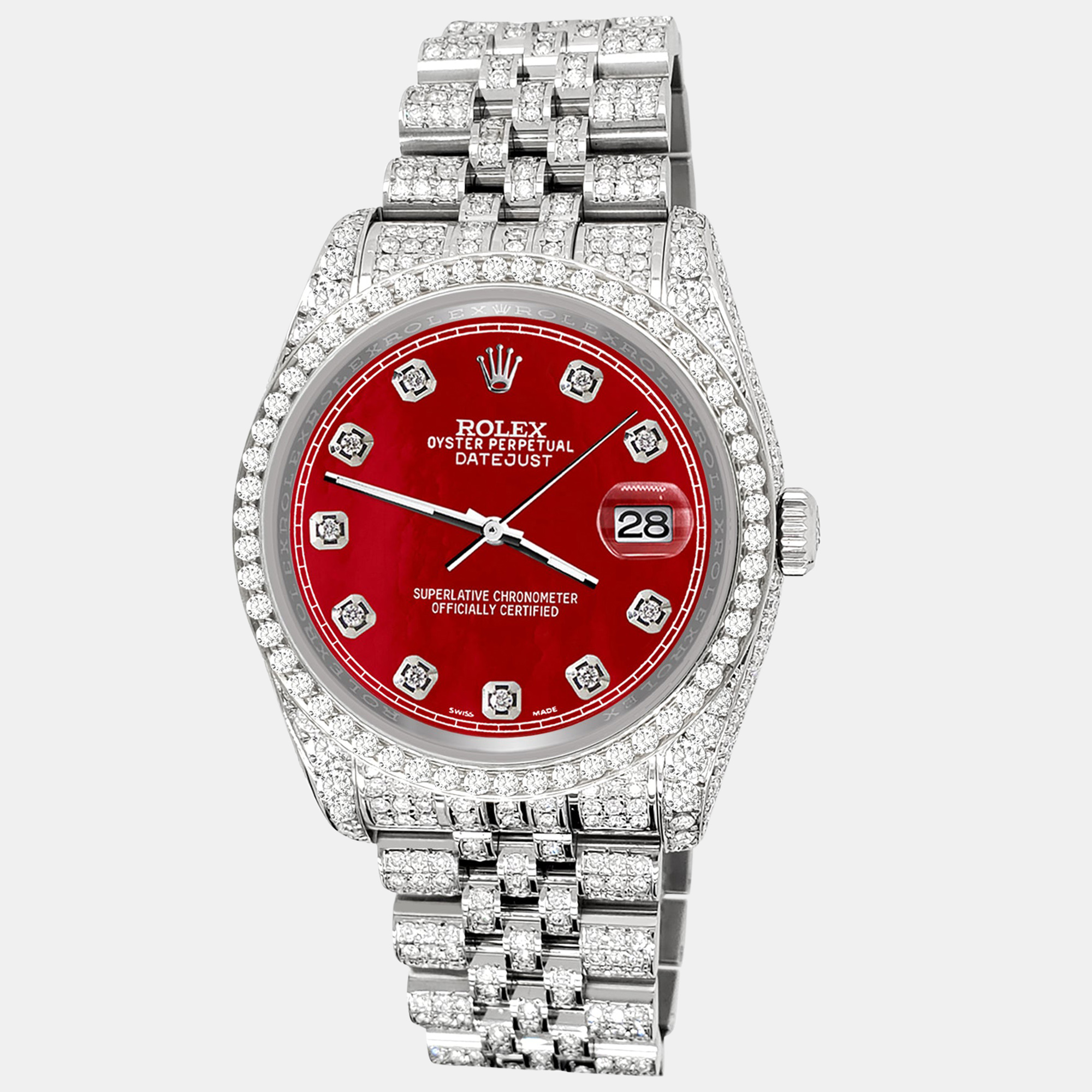 

Rolex datejust  pave 10.2ct iced diamond red mop track jubilee Wristwatch 116200