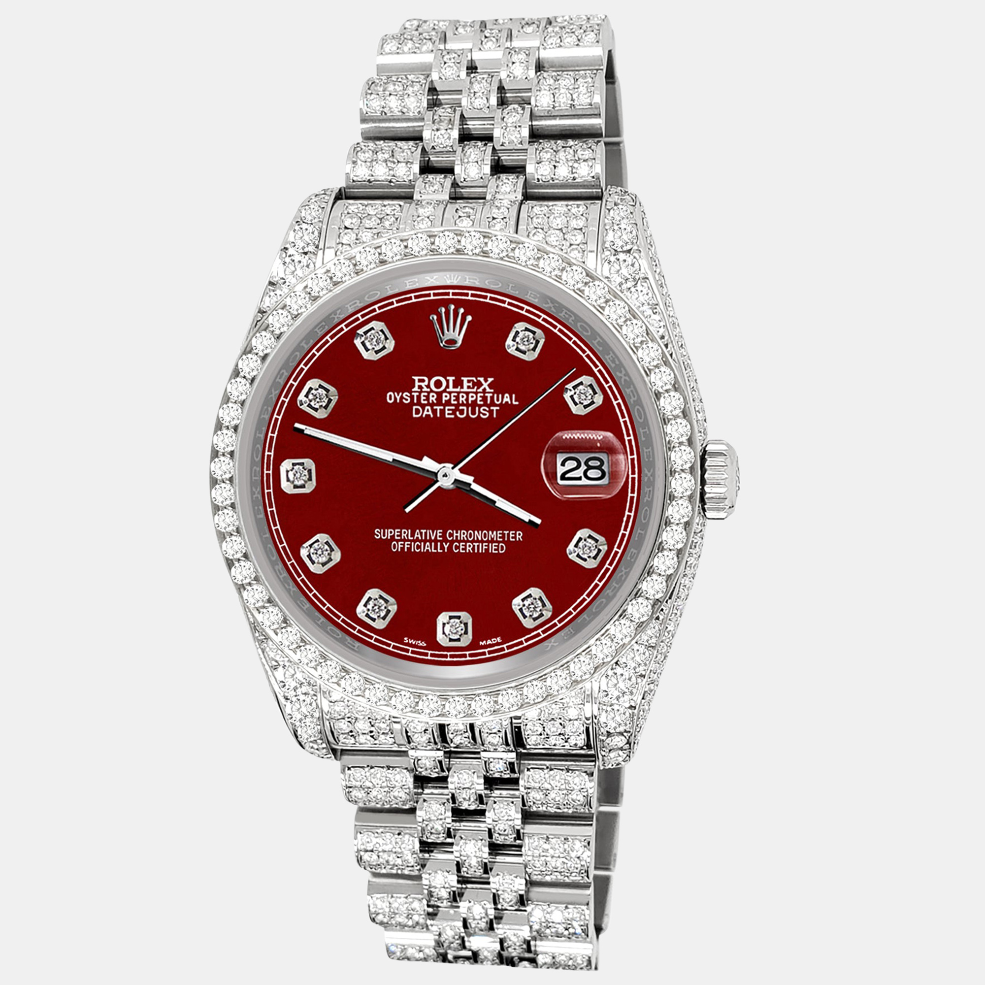 

Rolex datejust  pave 10.2ct iced diamond scarlet red track jubilee Wristwatch 116200