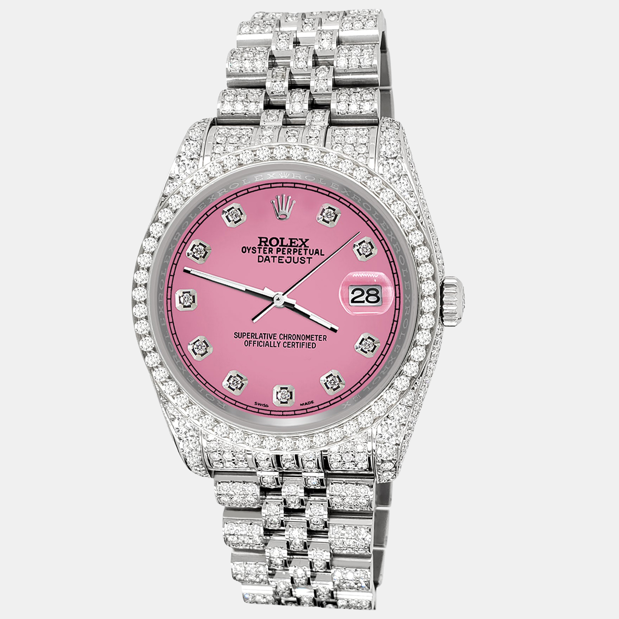 

Rolex datejust  pave 10.2ct iced diamond hot pink track jubilee Wristwatch 116200