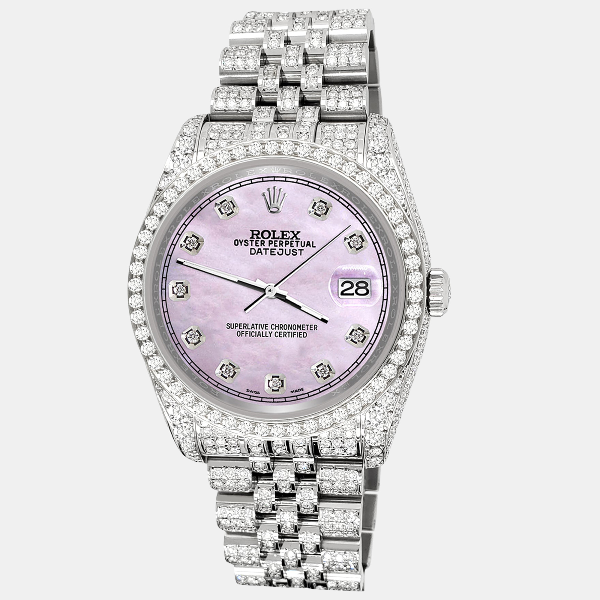 

Rolex datejust  pave 10.2ct iced diamond pink pearl track jubilee Wristwatch 116200