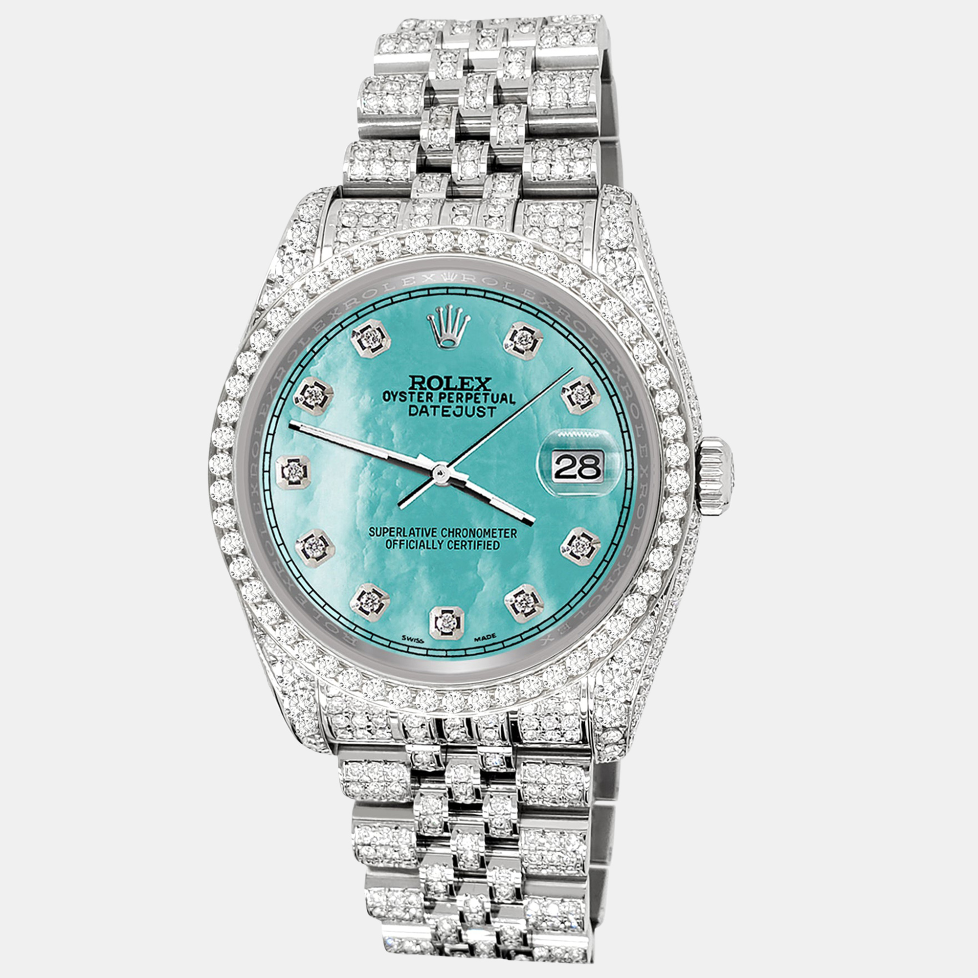 

Rolex datejust  pave 10.2ct iced diamond aquamarine mop track jubilee Wristwatch 116200, Blue