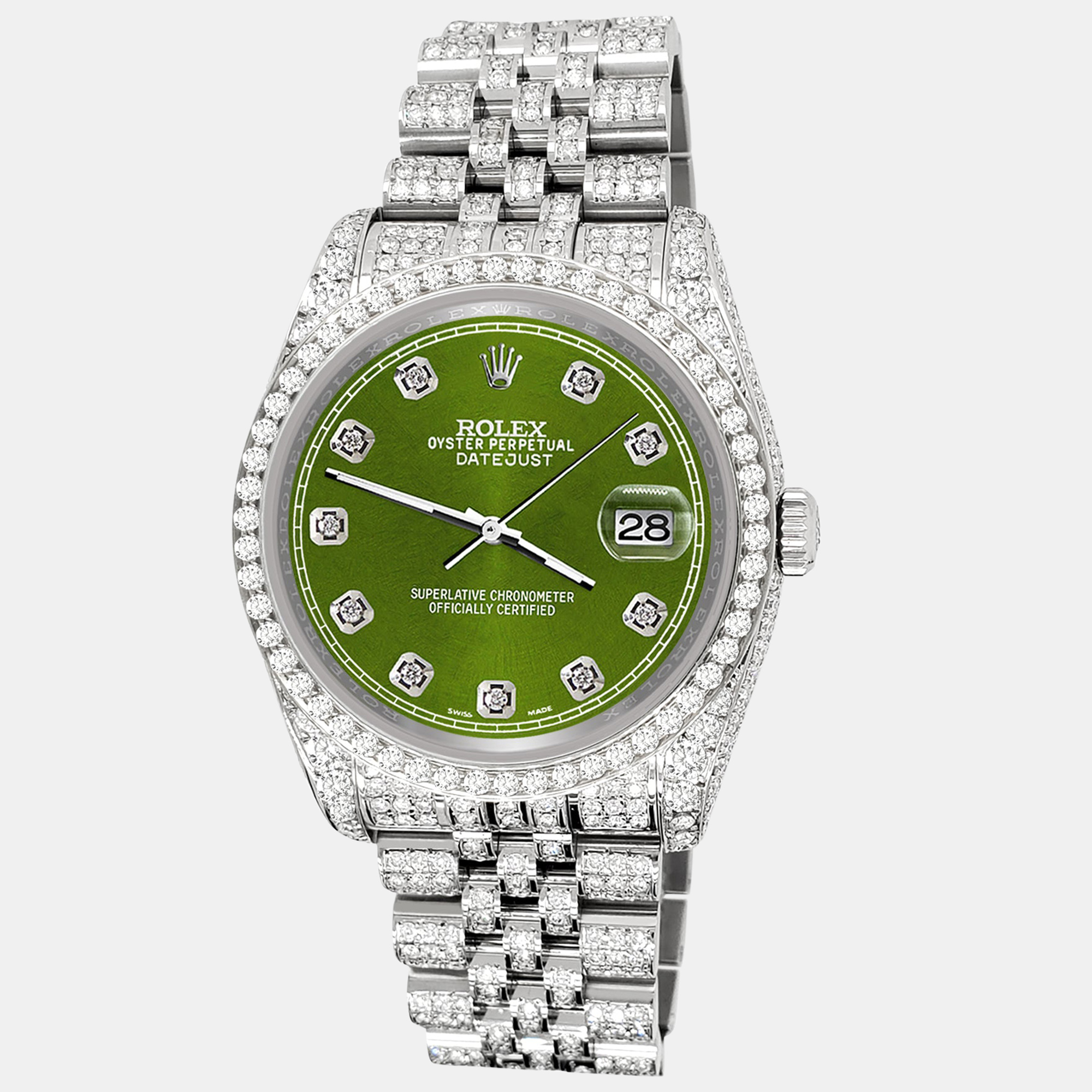 

Rolex datejust  pave 10.2ct iced diamond royal green track jubilee Wristwatch 116200