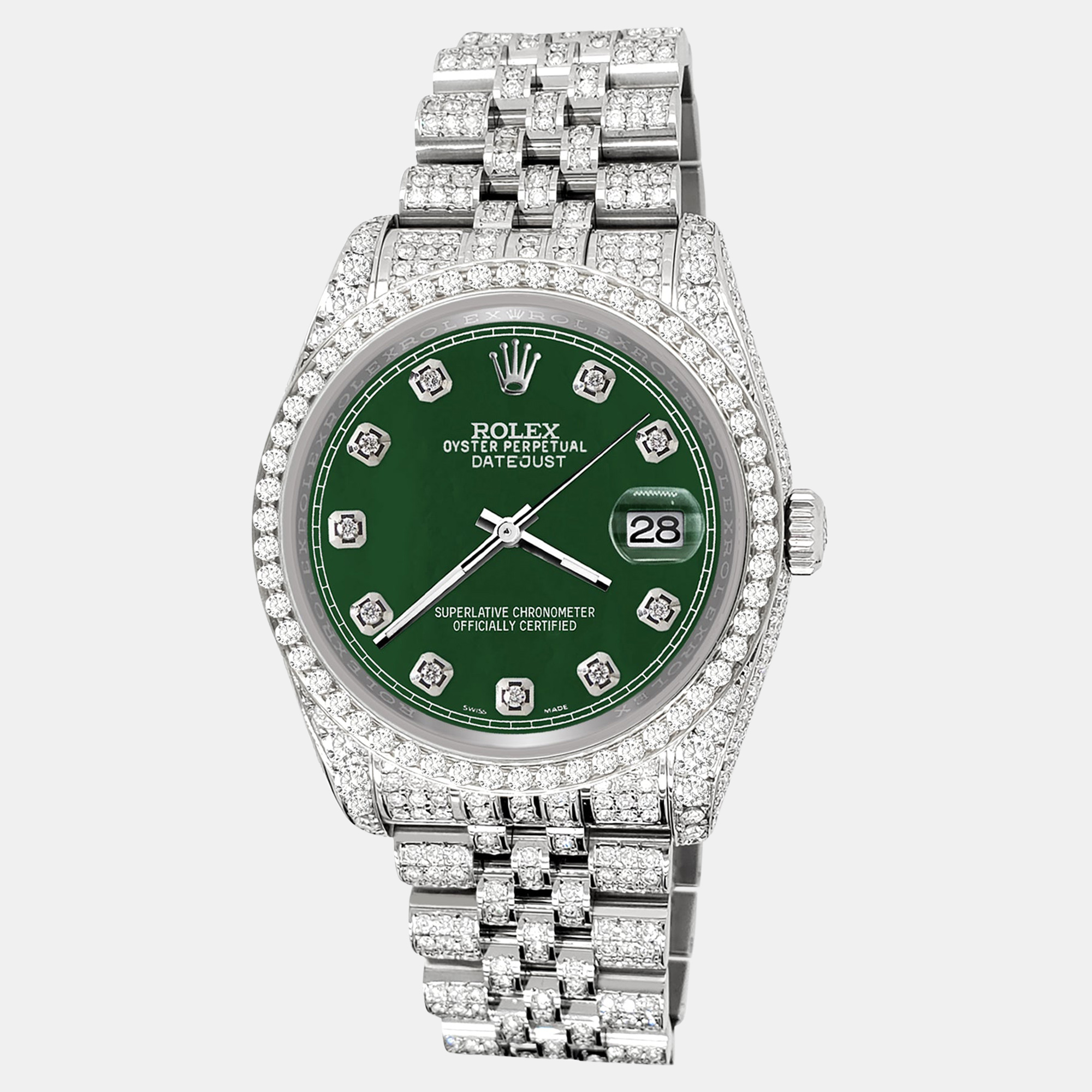 

Rolex datejust  pave 10.2ct iced diamond forest green track jubilee Wristwatch 116200