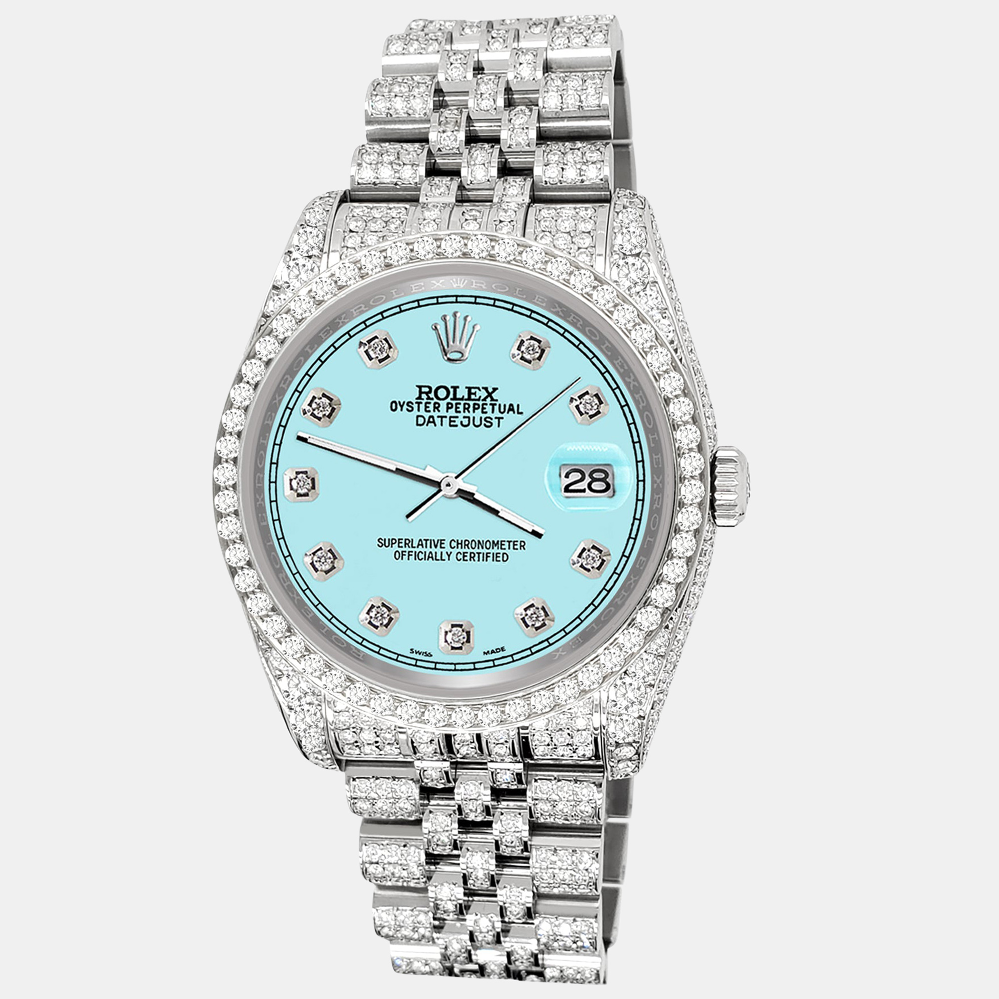 

Rolex datejust  pave 10.2ct iced diamond ice blue track jubilee Wristwatch 116200