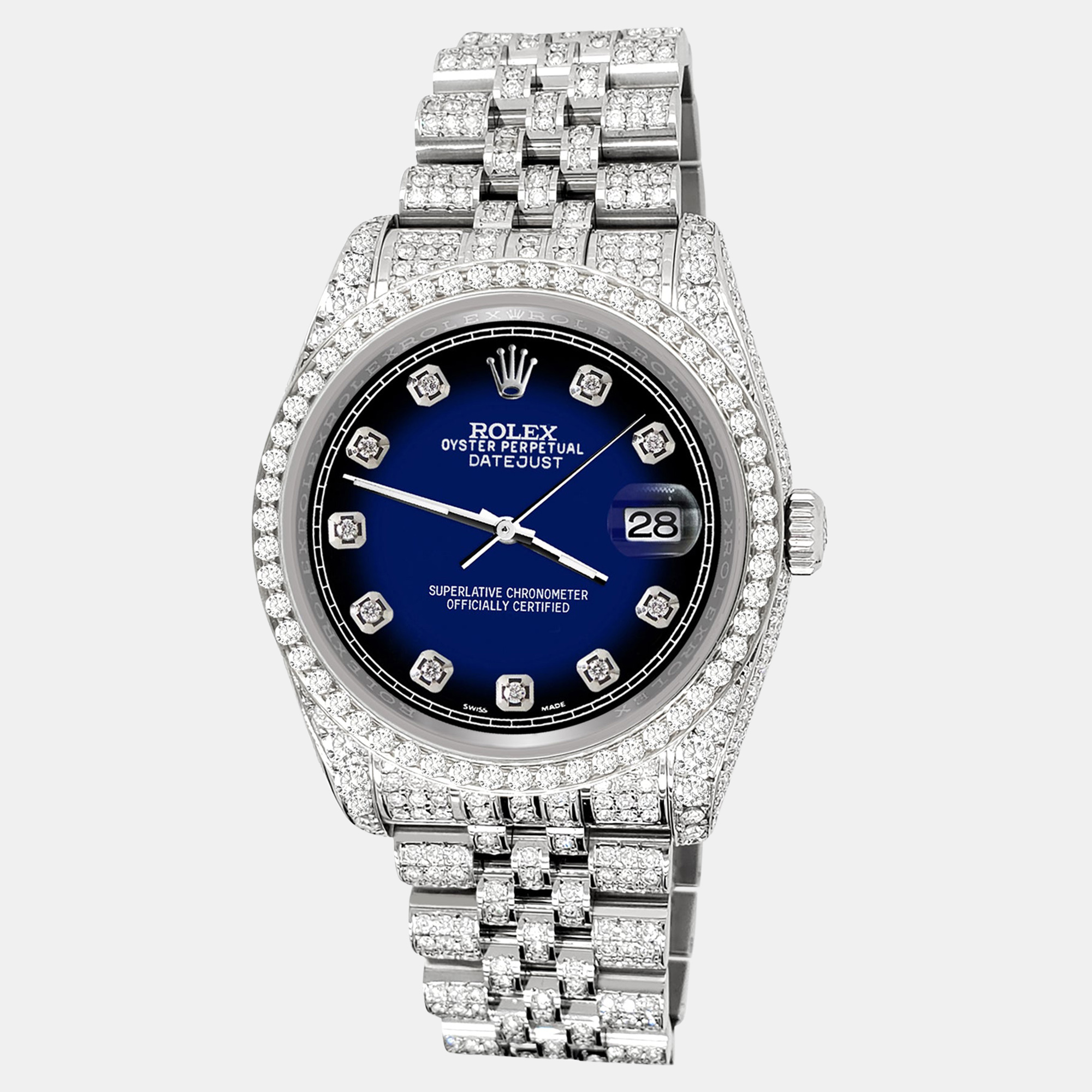 

Rolex datejust  pave 10.2ct iced diamond blue vignette track jubilee Wristwatch 116200