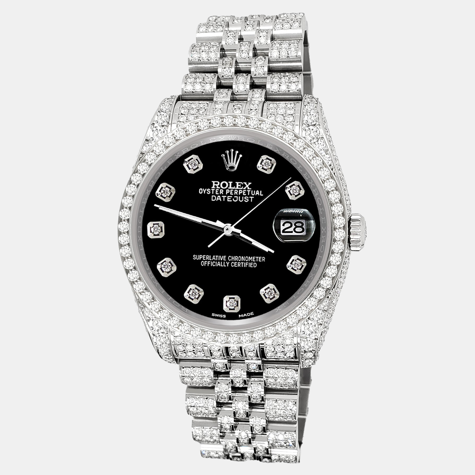 

Rolex datejust  pave 10.2ct iced diamond black dial jubilee Wristwatch 116200