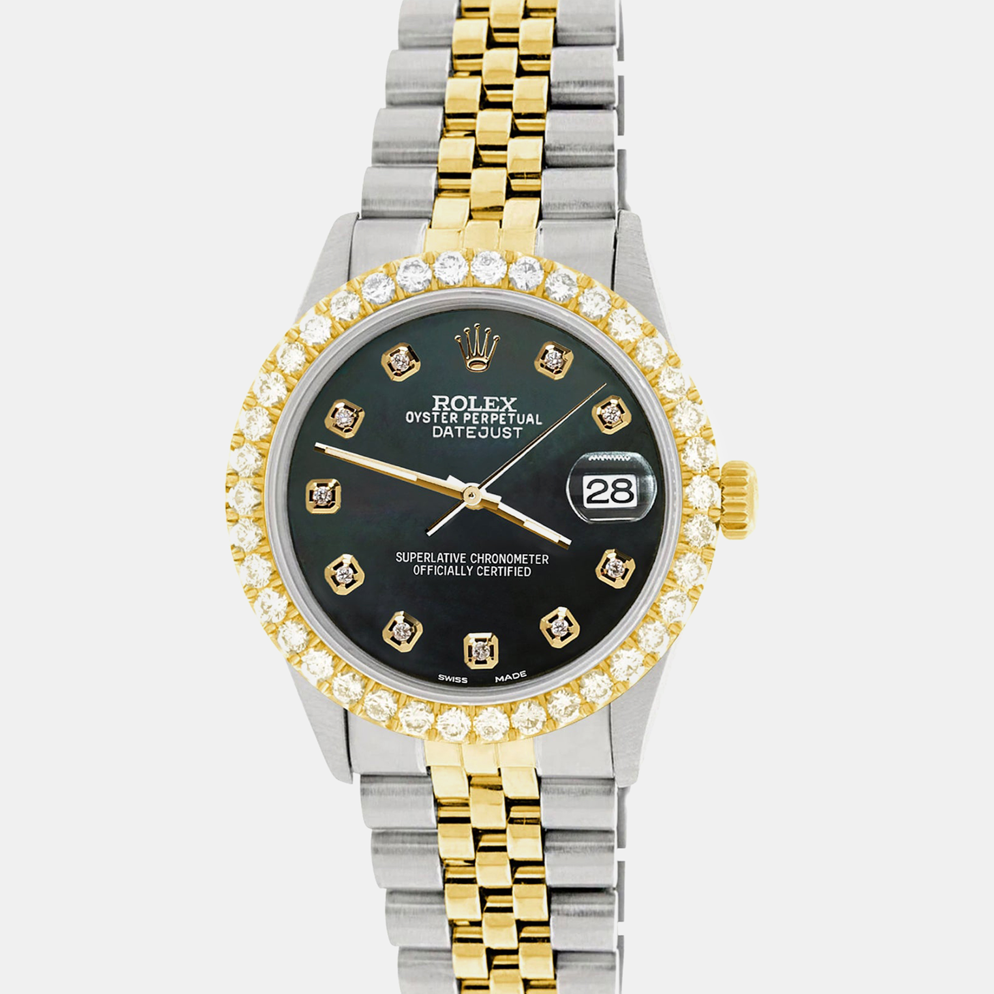

Rolex Custom Black MOP 3.05CT Diamond 18K Yellow Gold Stainless Steel Datejust Automatic Men's Wristwatch