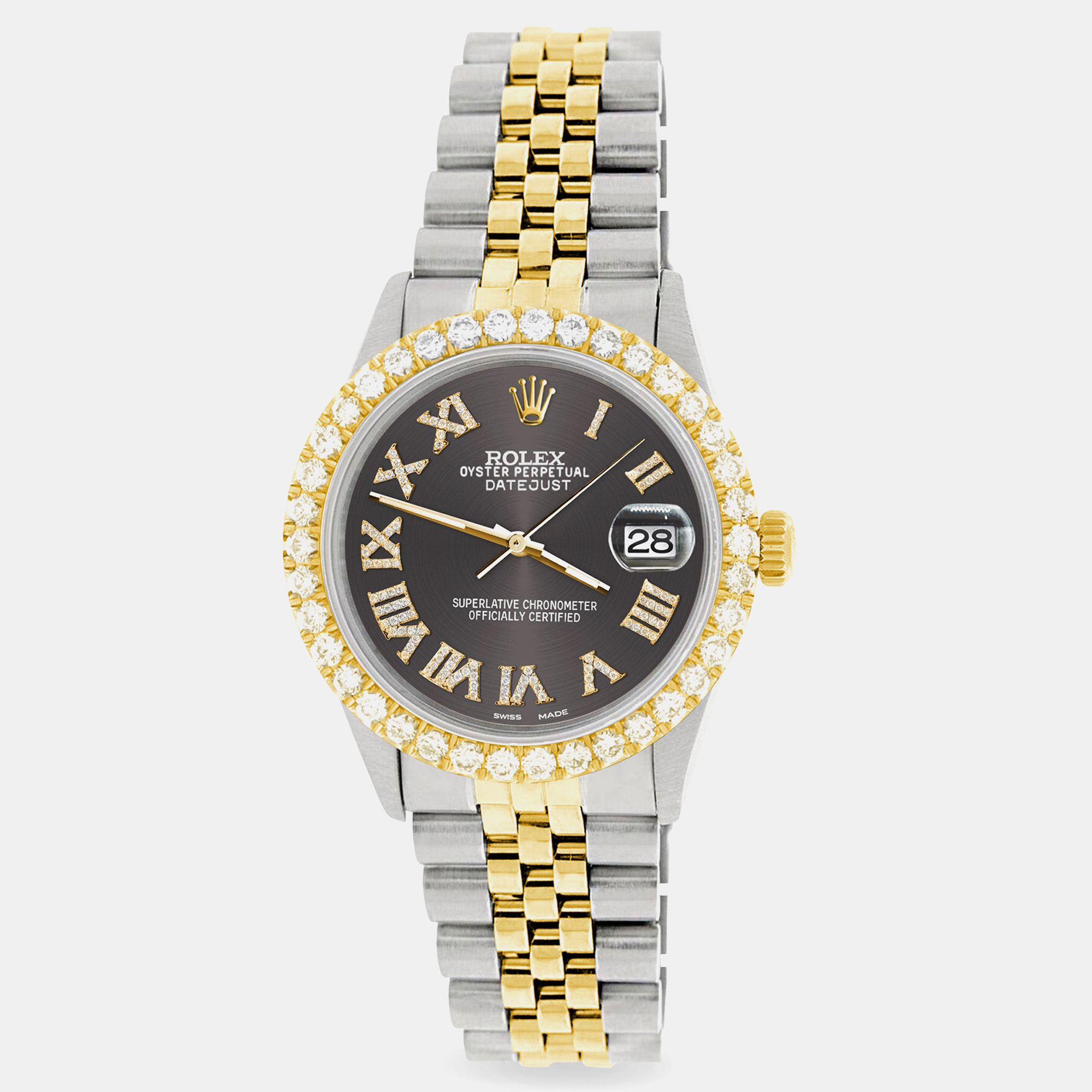

Rolex Custom Grey 3.10CT Diamond 18K Yellow Gold Stainless Steel Datejust Automatic Men's Wristwatch, Black