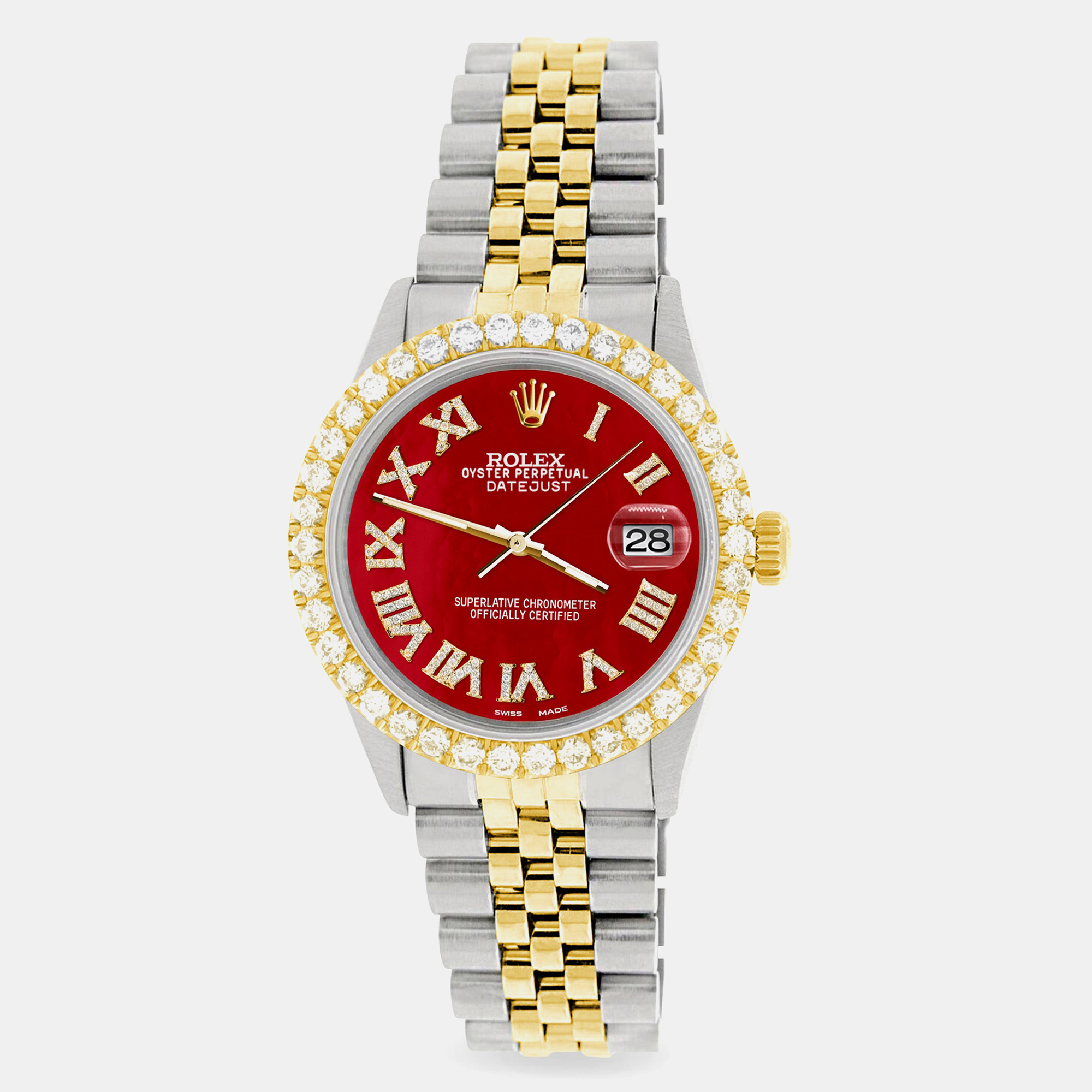 

Rolex Custom Red MOP 3.10CT Diamond 18K Yellow Gold Stainless Steel Datejust Automatic Men's Wristwatch