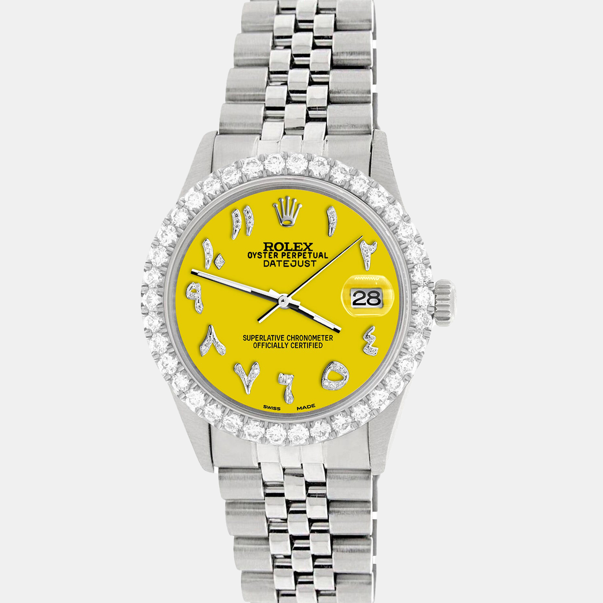 

Rolex Custom Yellow 3.35CT Diamond Stainless Steel Datejust Automatic Men's Wristwatch
