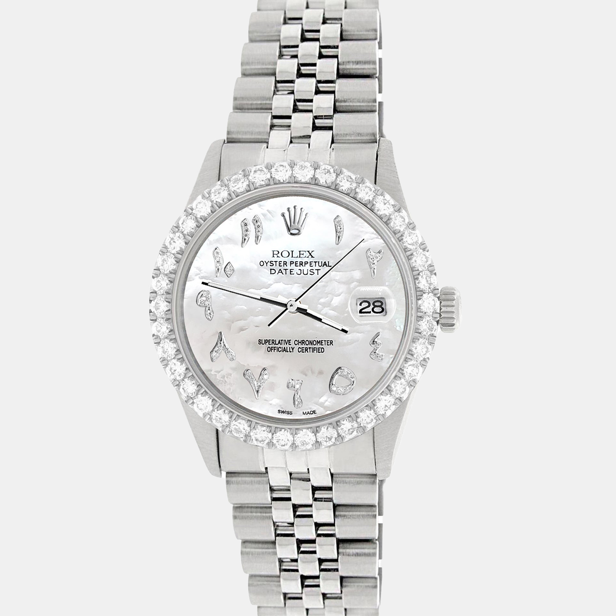 

Rolex Custom White Pearl 3.35CT Diamond Stainless Steel Datejust Automatic Men's Wristwatch, Silver