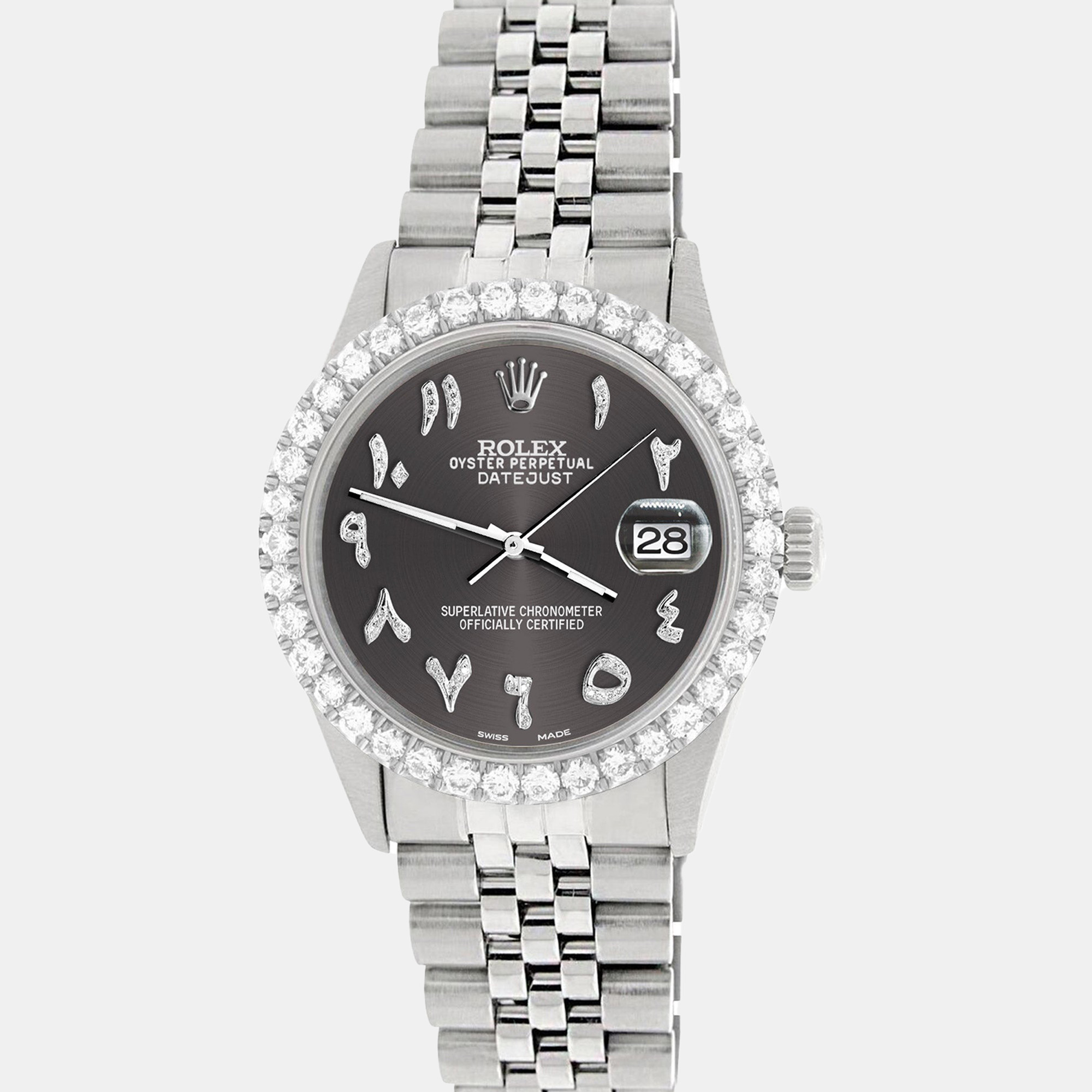 

Rolex Custom Grey 3.35CT Diamond Stainless Steel Datejust Automatic Men's Wristwatch, Black