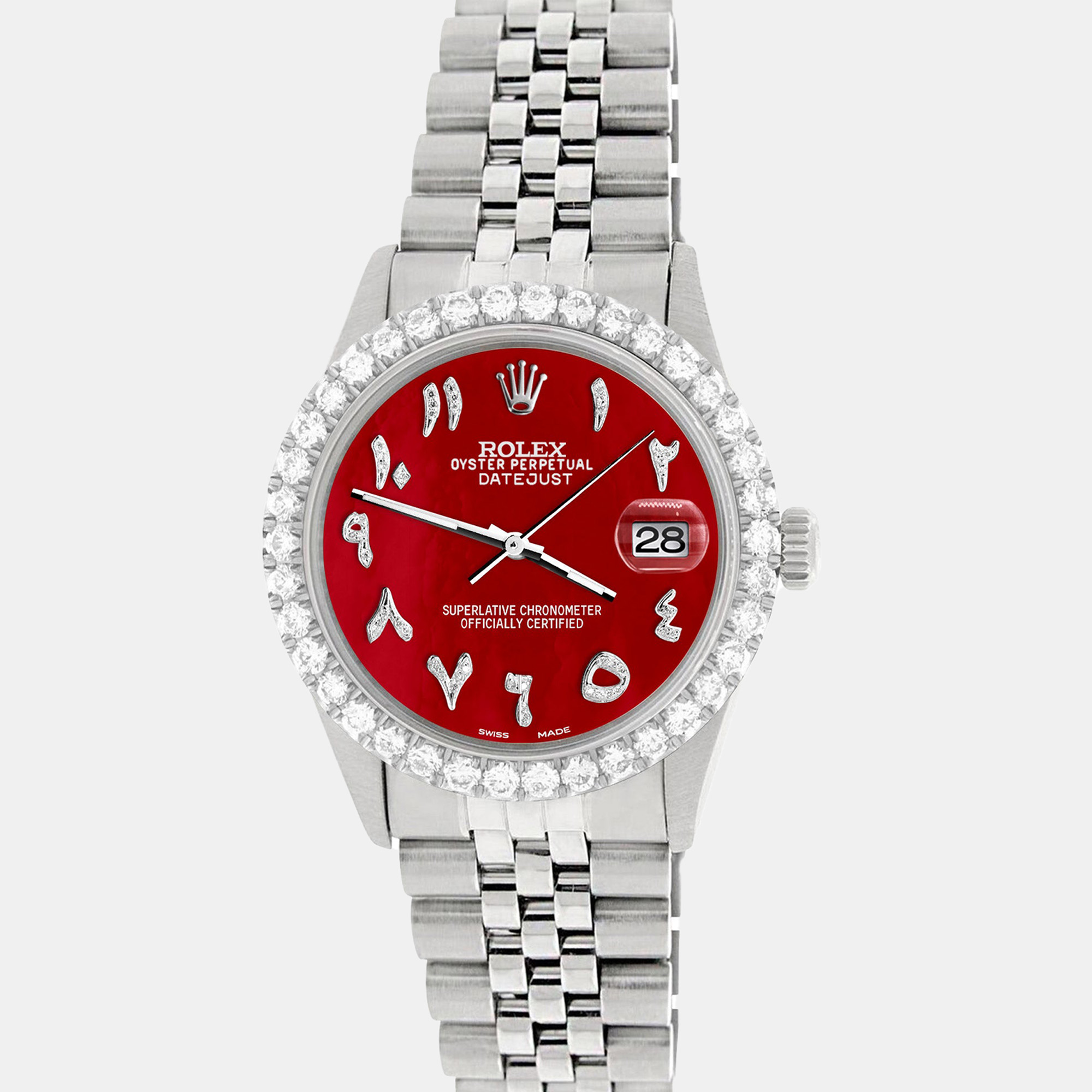 

Rolex Custom Red MOP 3.35CT Diamond Stainless Steel Datejust Automatic Men's Wristwatch