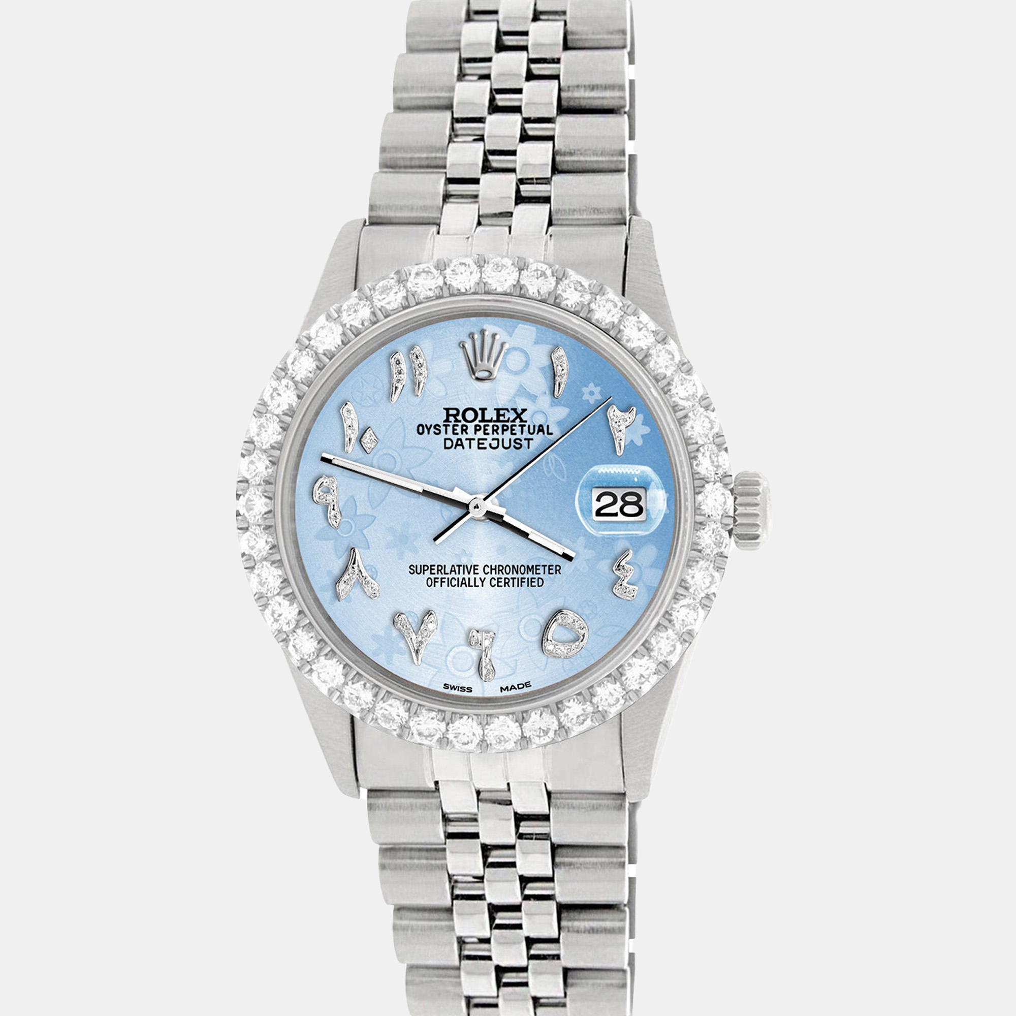 

Rolex Custom Blue Flower 3.35CT Diamond Stainless Steel Datejust Automatic Men's Wristwatch