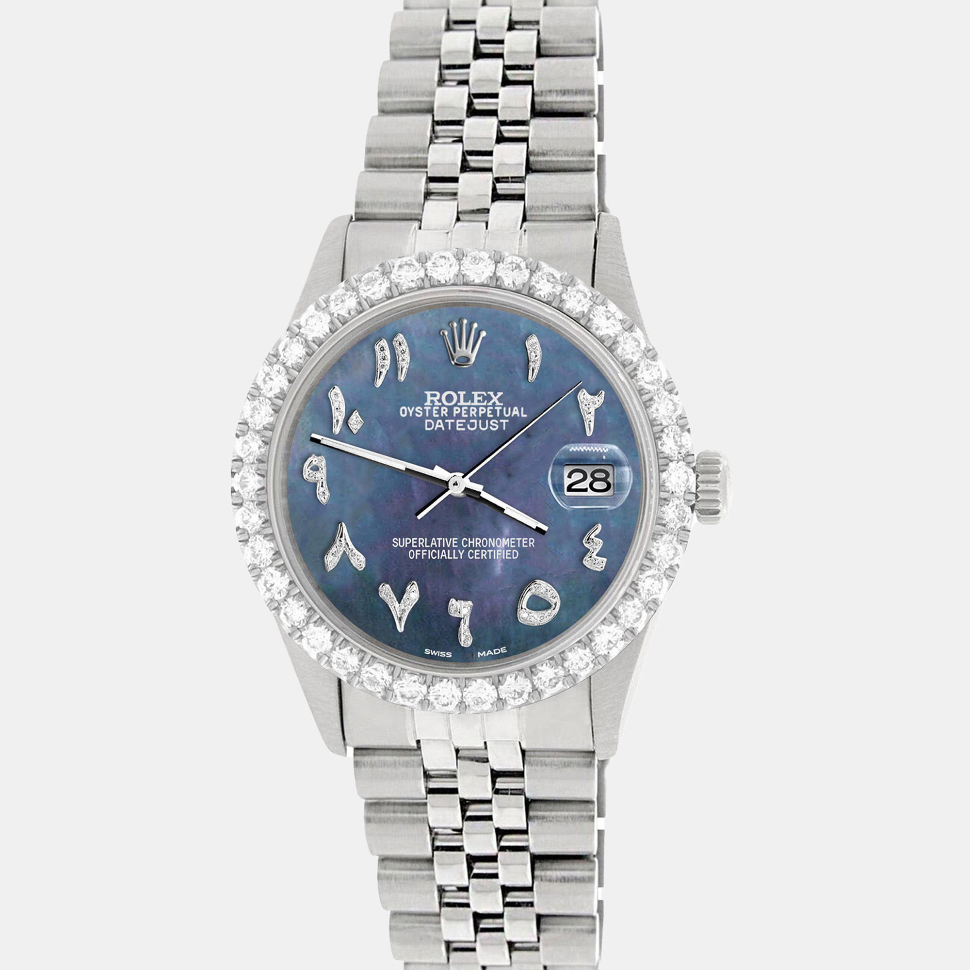 

Rolex Custom Black 3.35CT Diamond Stainless Steel Datejust Automatic Men's Wristwatch, Blue