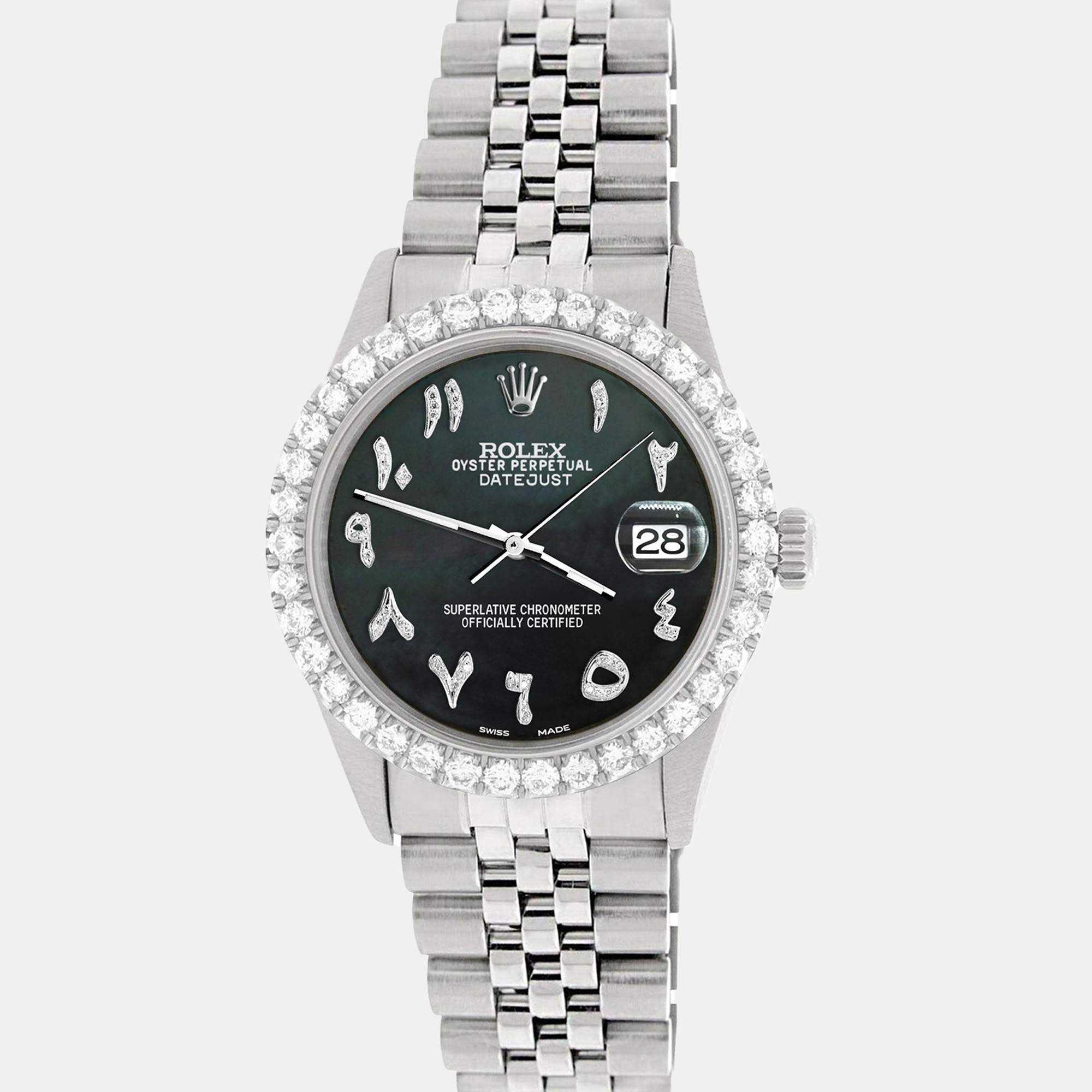 

Rolex Custom Black MOP 3.35CT Diamond Stainless Steel Datejust Automatic Men's Wristwatch