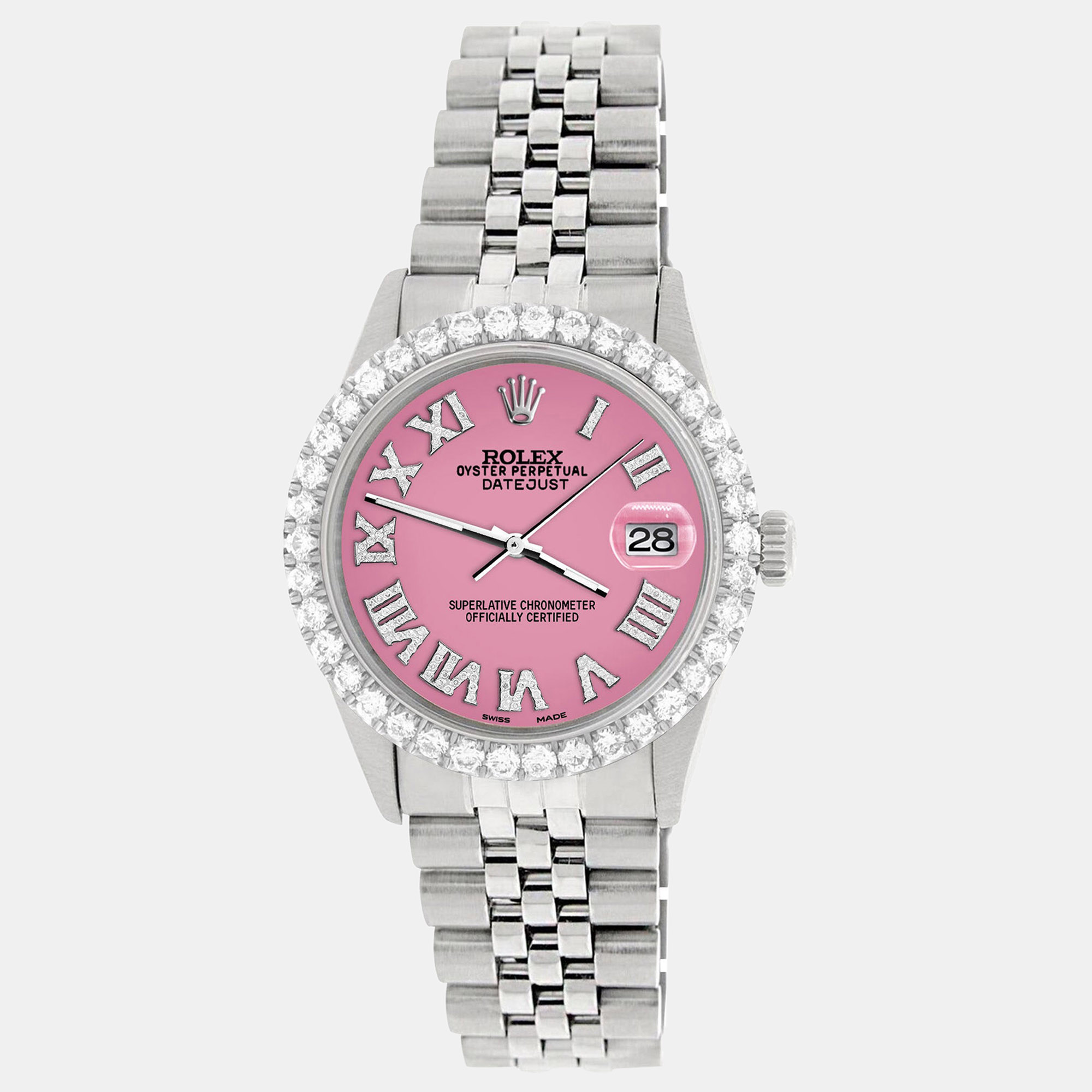 

Rolex Custom Hot Pink 3.3CT Diamond Stainless Steel Datejust Automatic Men's Wristwatch
