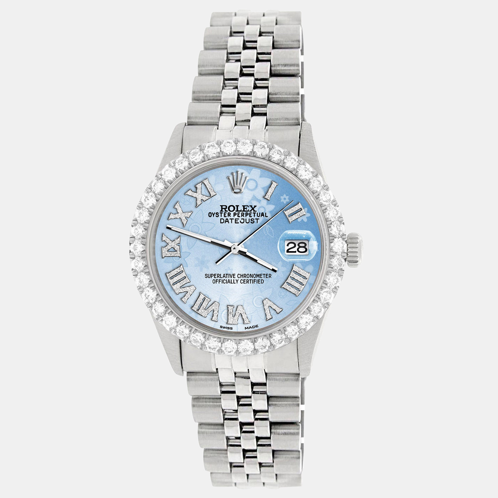 

Rolex Custom Blue Flower 3.3CT Diamond Stainless Steel Datejust Automatic Men's Wristwatch