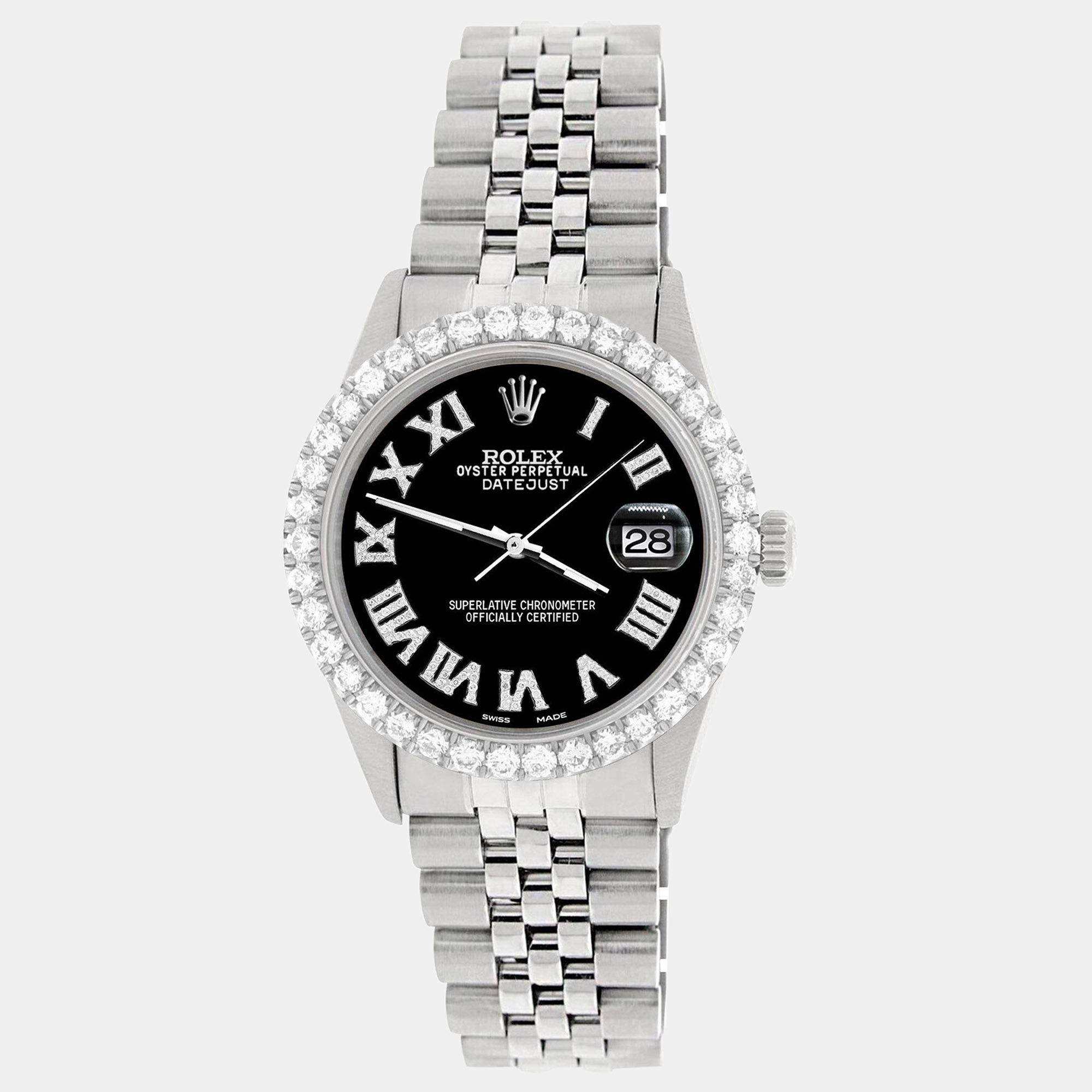 

Rolex Custom Black 3.3CT Diamond Stainless Steel Datejust Automatic Men's Wristwatch