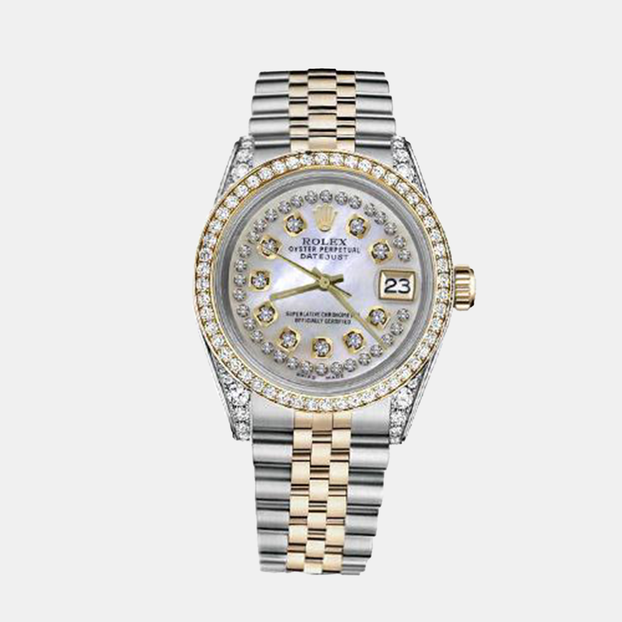 

Rolex Customised White MOP Diamond 18K Yellow Gold Stainless Steel Datejust 16013 Automatic Men's Wristwatch