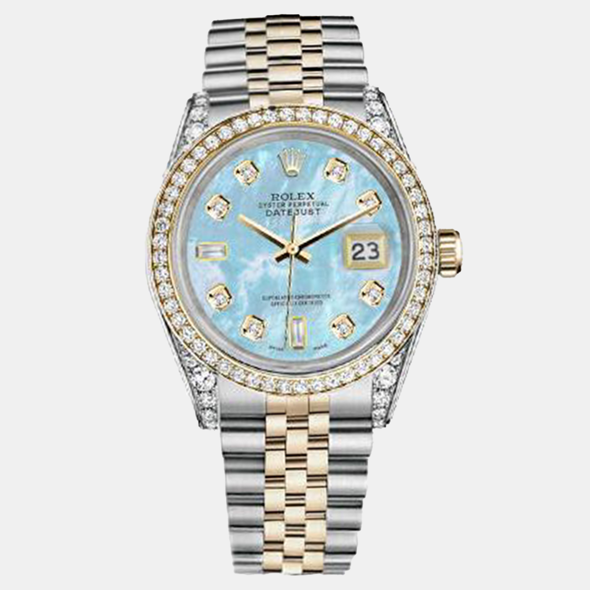 

Rolex Customised Blue MOP Diamond 18K Yellow Gold Stainless Steel Datejust 16013 Automatic Men's Wristwatch