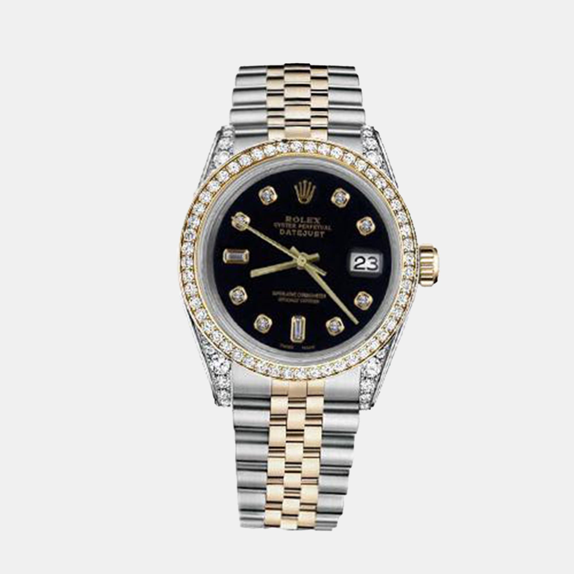 

Rolex Customised Black Diamond 18K Yellow Gold Stainless Steel Datejust 16013 Automatic Men's Wristwatch