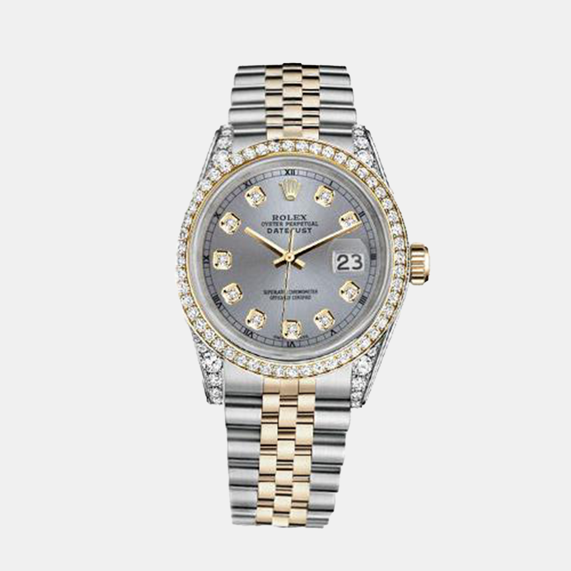 

Rolex Customised Grey Diamond 18K Yellow Gold Stainless Steel Datejust 16013 Automatic Men's Wristwatch