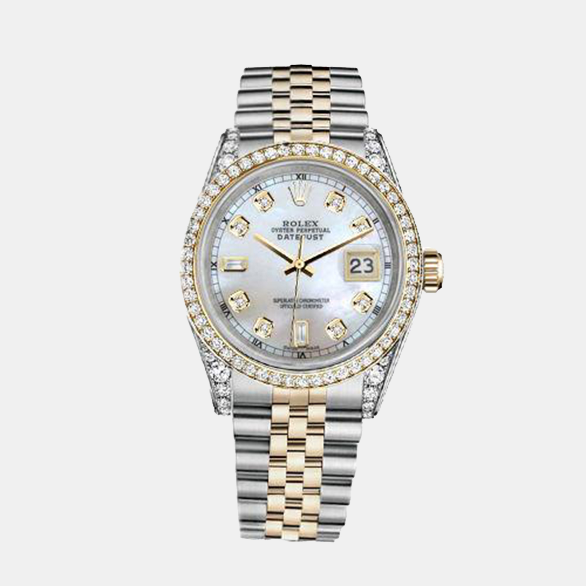 

Rolex Customised White MOP Diamond 18K Yellow Gold Stainless Steel Datejust 16013 Automatic Men's Wristwatch