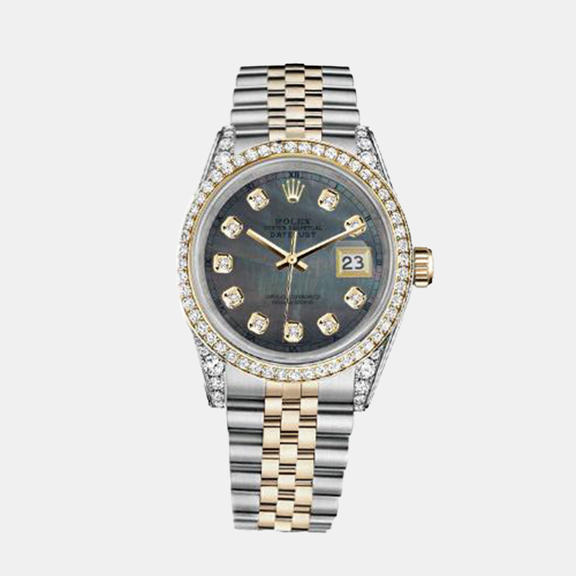 

Rolex Customised Black MOP Diamond 18K Yellow Gold Stainless Steel Datejust 116233 Automatic Men's Wristwatch