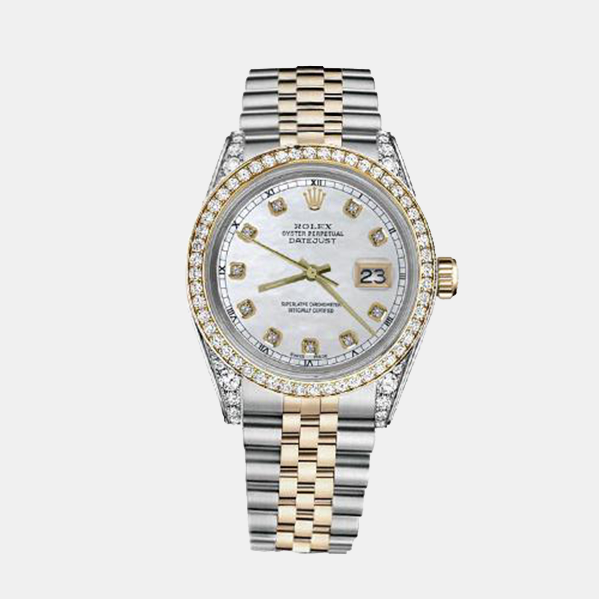 

Rolex Customised White MOP Diamond 18K Yellow Gold Stainless Steel Datejust 116233 Automatic Men's Wristwatch