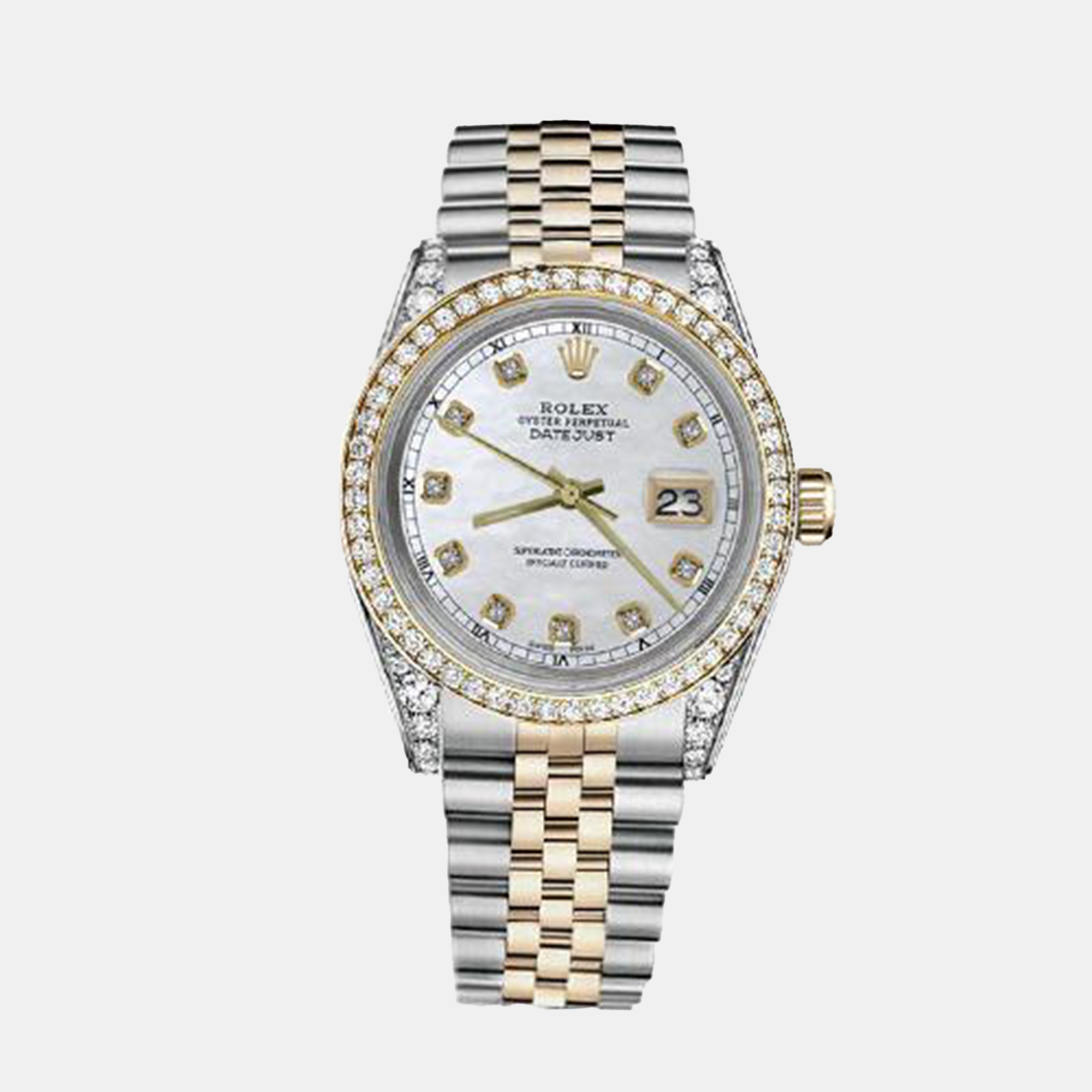 

Rolex Customised White MOP Diamond 18K Yellow Gold Stainless Steel Datejust 116233 Automatic Men's Wristwatch