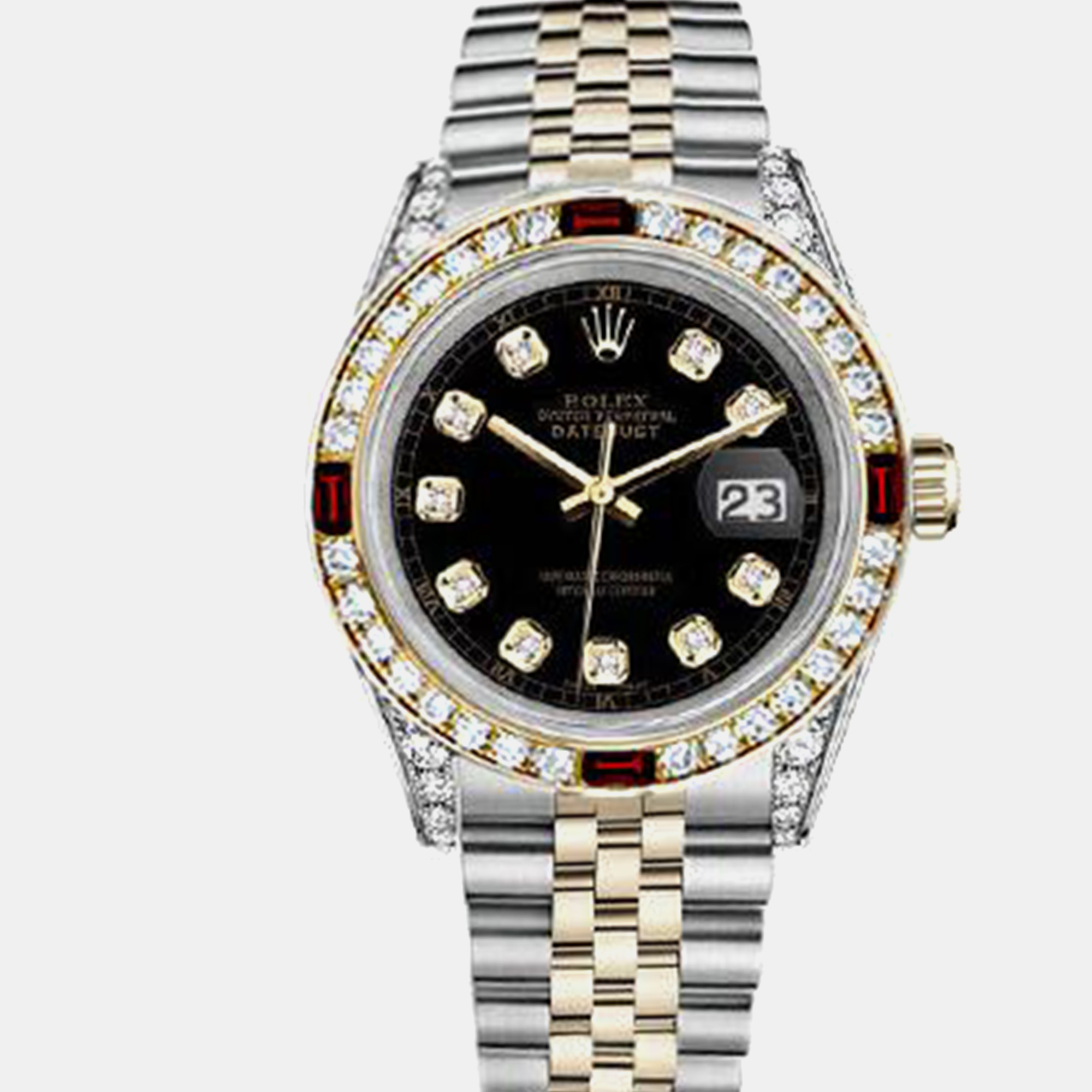 

Rolex Customised Black Diamond 18K Yellow Gold Stainless Steel Datejust 16013 Automatic Men's Wristwatch