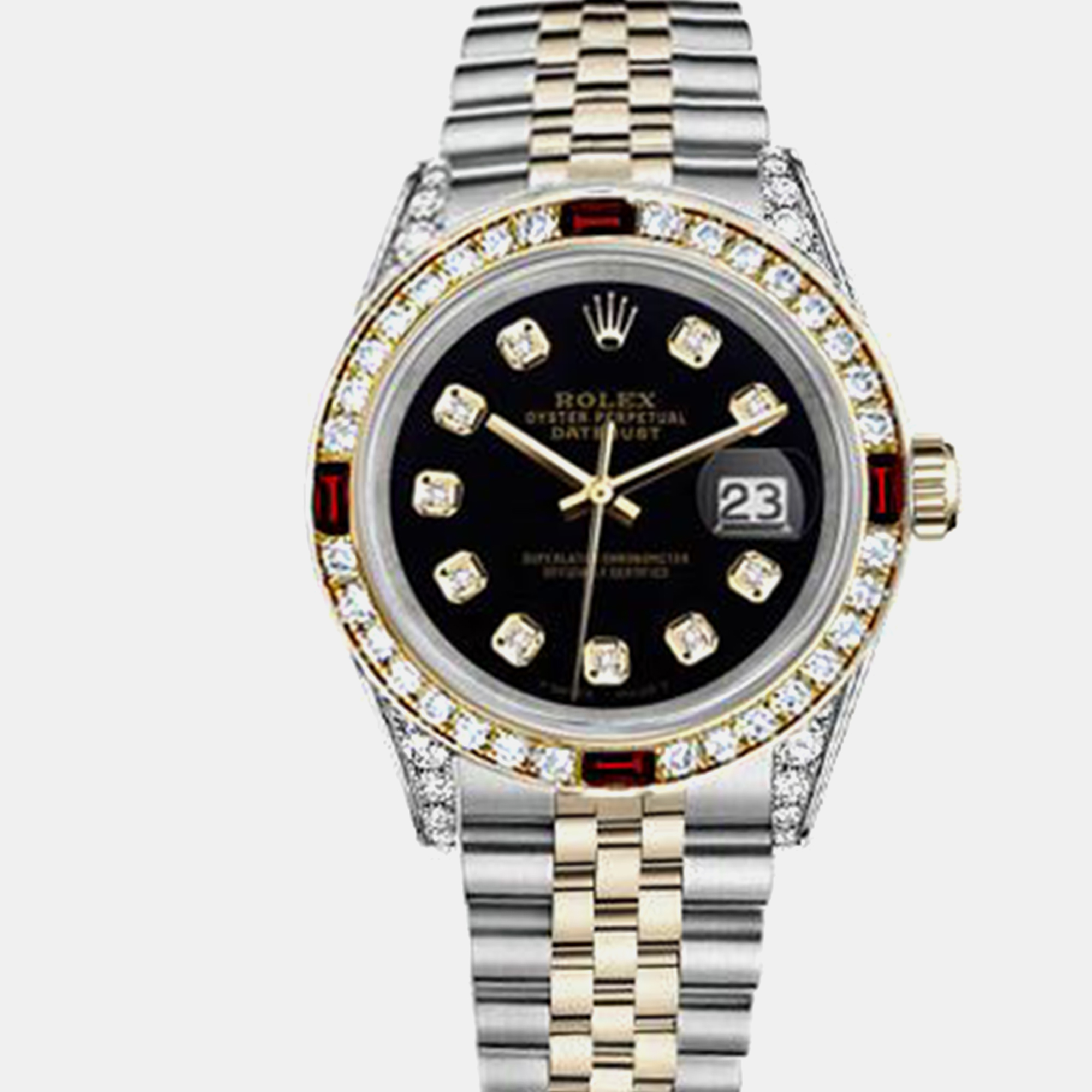 

Rolex Customised Black Diamond 18K Yellow Gold Stainless Steel Datejust 16013 Automatic Men's Wristwatch