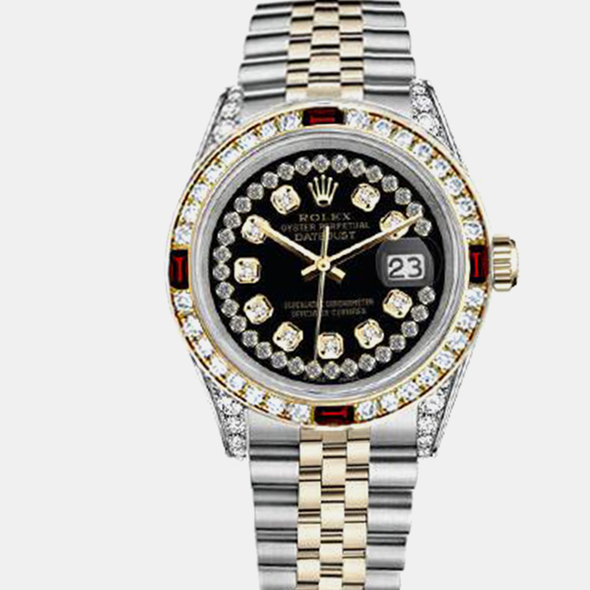 

Rolex Customised Black Diamond 18K Yellow Gold Stainless Steel Datejust 16013 Automatic Men's Wristwatch