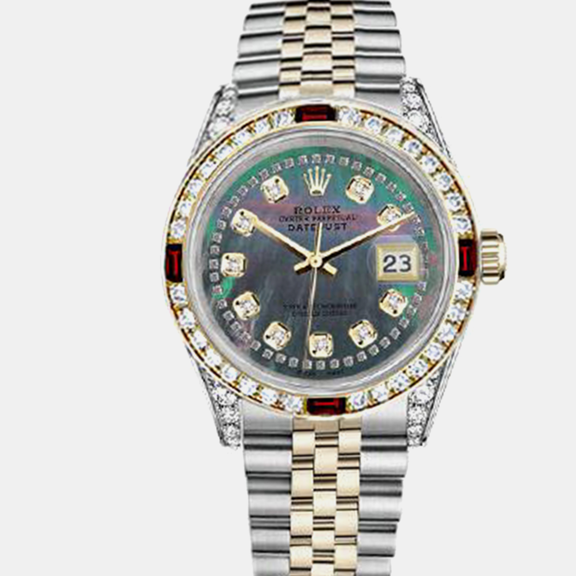 

Rolex Customised Black MOP Diamond 18K Yellow Gold Stainless Steel Datejust 16013 Automatic Men's Wristwatch