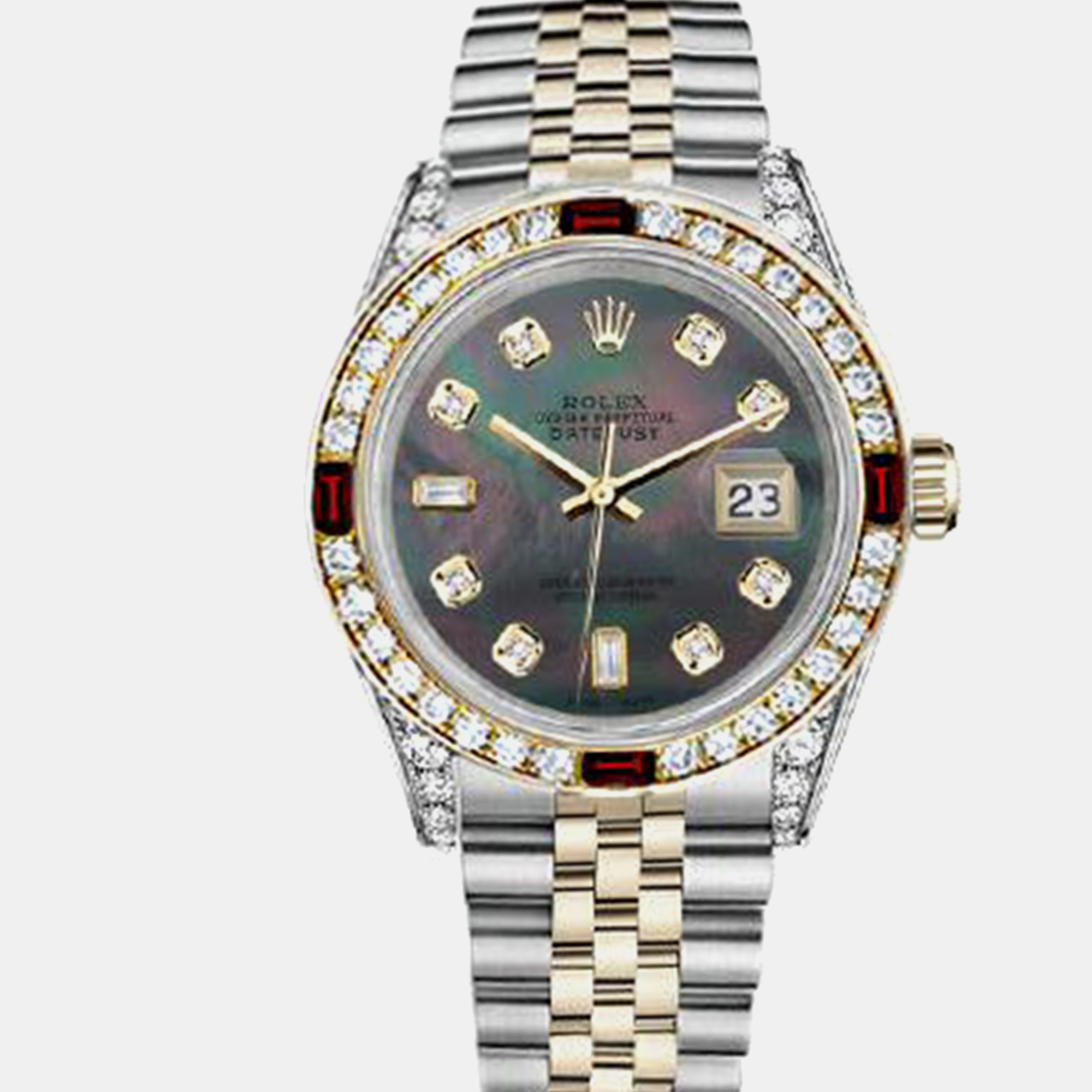 

Rolex Customised Black MOP Diamond 18K Yellow Gold Stainless Steel Datejust 16013 Automatic Men's Wristwatch